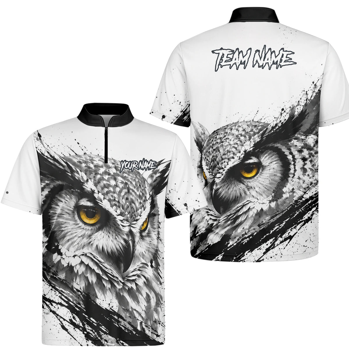 Personalisiertes Dartshirt mit weiß-schwarz-gelber Eule für Herren P128