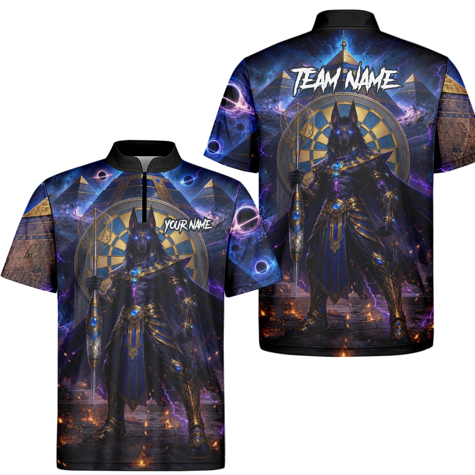 Personalisiertes Blau-gold-schwarzes Anubis-Dartshirt für Herren N118