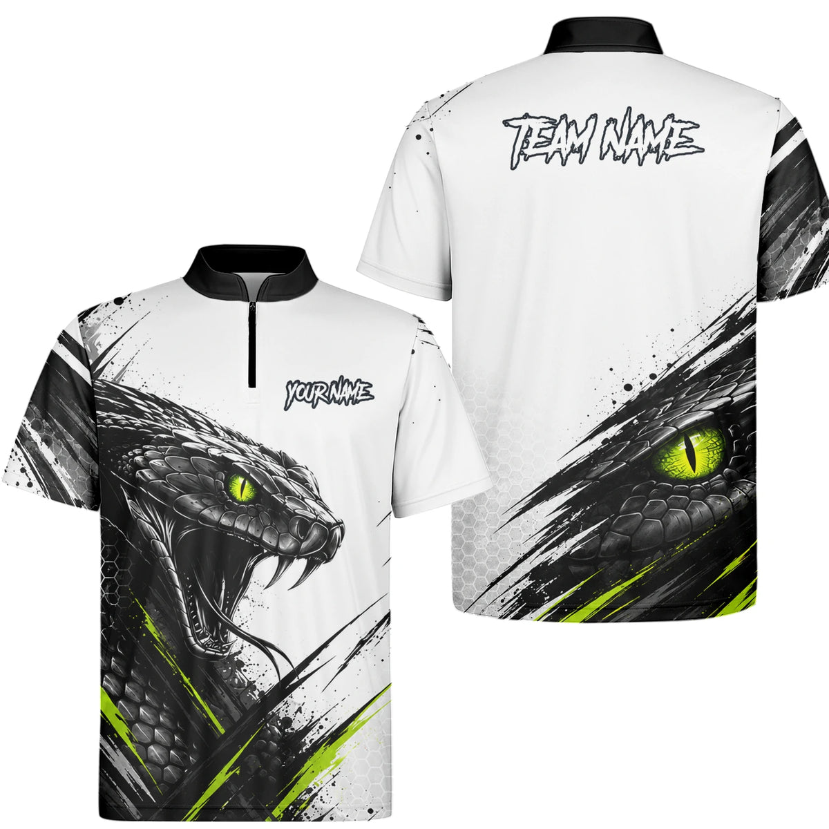 Personalisiertes Dartshirt mit weiß-schwarz-grüner Kobra für Herren I051
