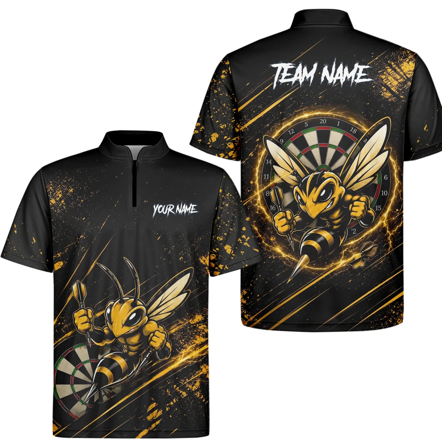 Personalisiertes Schwarz-goldenes Bienen-Dartboard Dartshirt für Herren L410