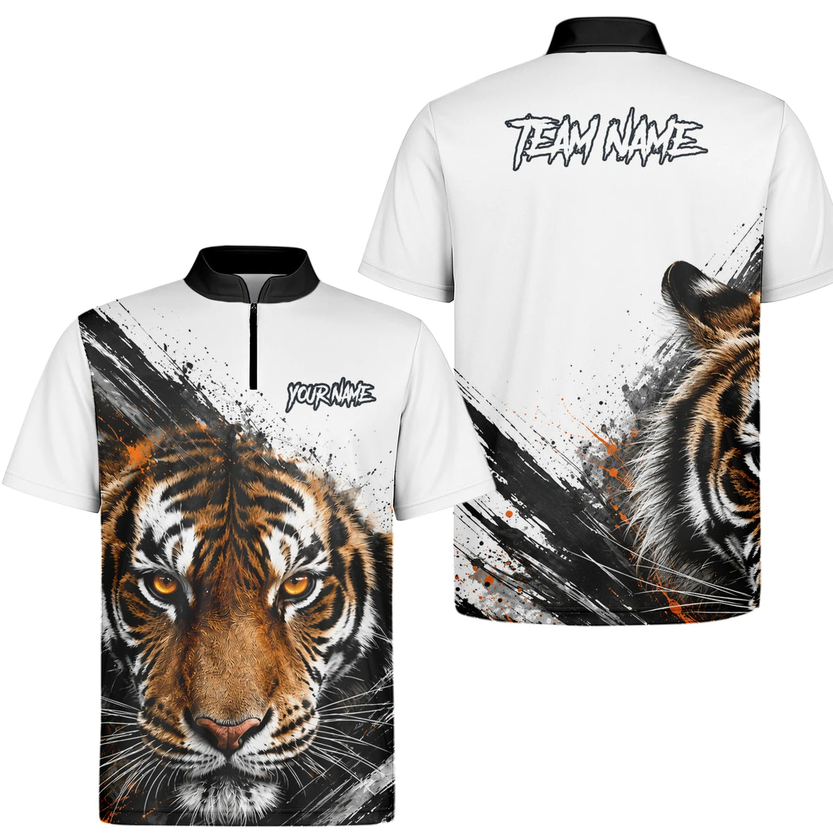 Personalisiertes Dartshirt mit weiß-schwarz-orangenem Tiger für Herren N832