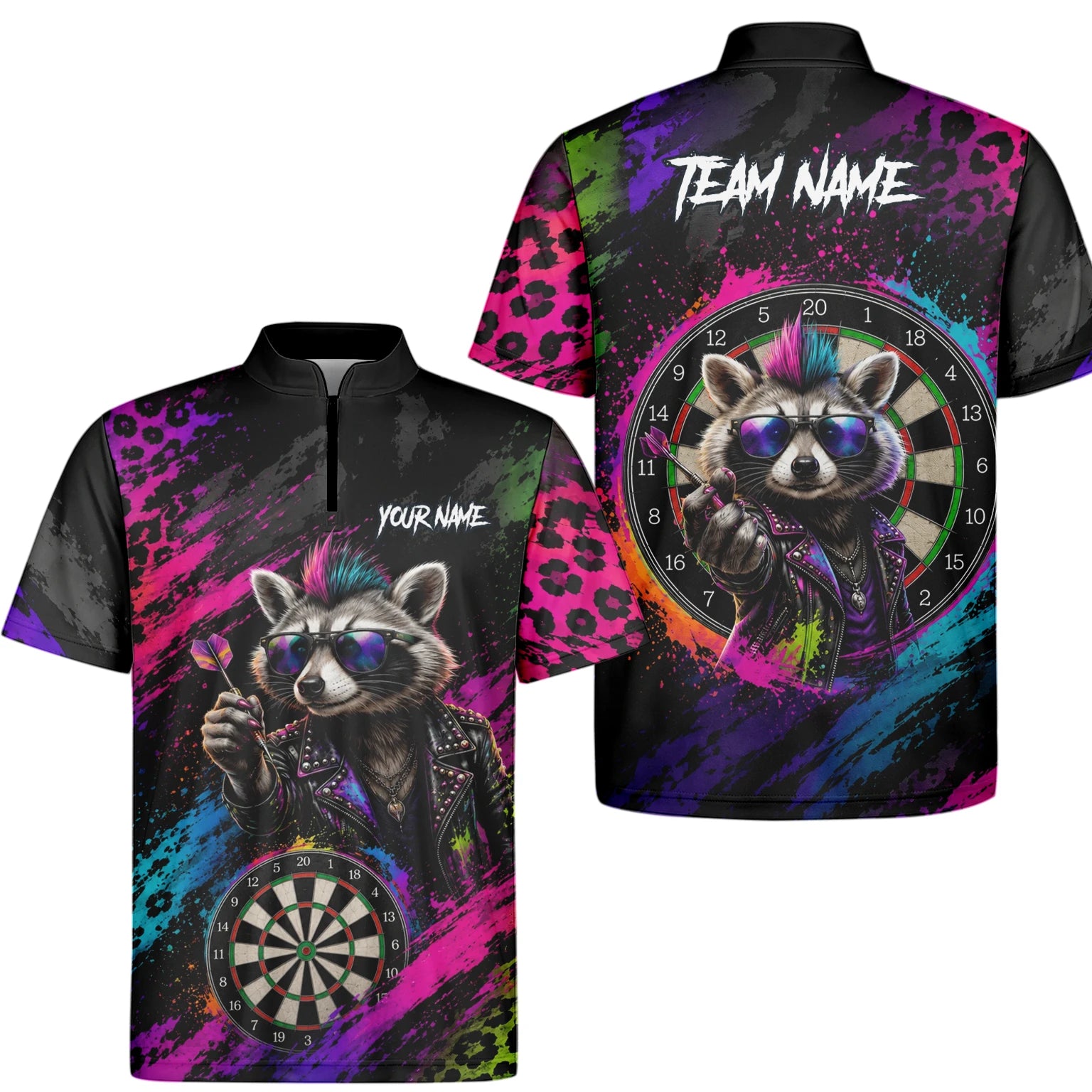 Personalisiertes Schwarz-buntes Punk-Waschbär-Dartboard Dartshirt für Herren E164