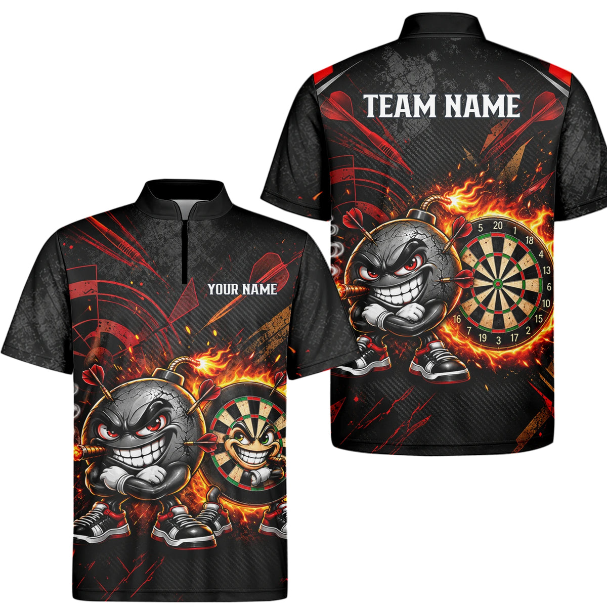Personalisiertes Dartshirt mit schwarz-roter wütender Comic-Bombe und Dartscheibe für Herren C3423
