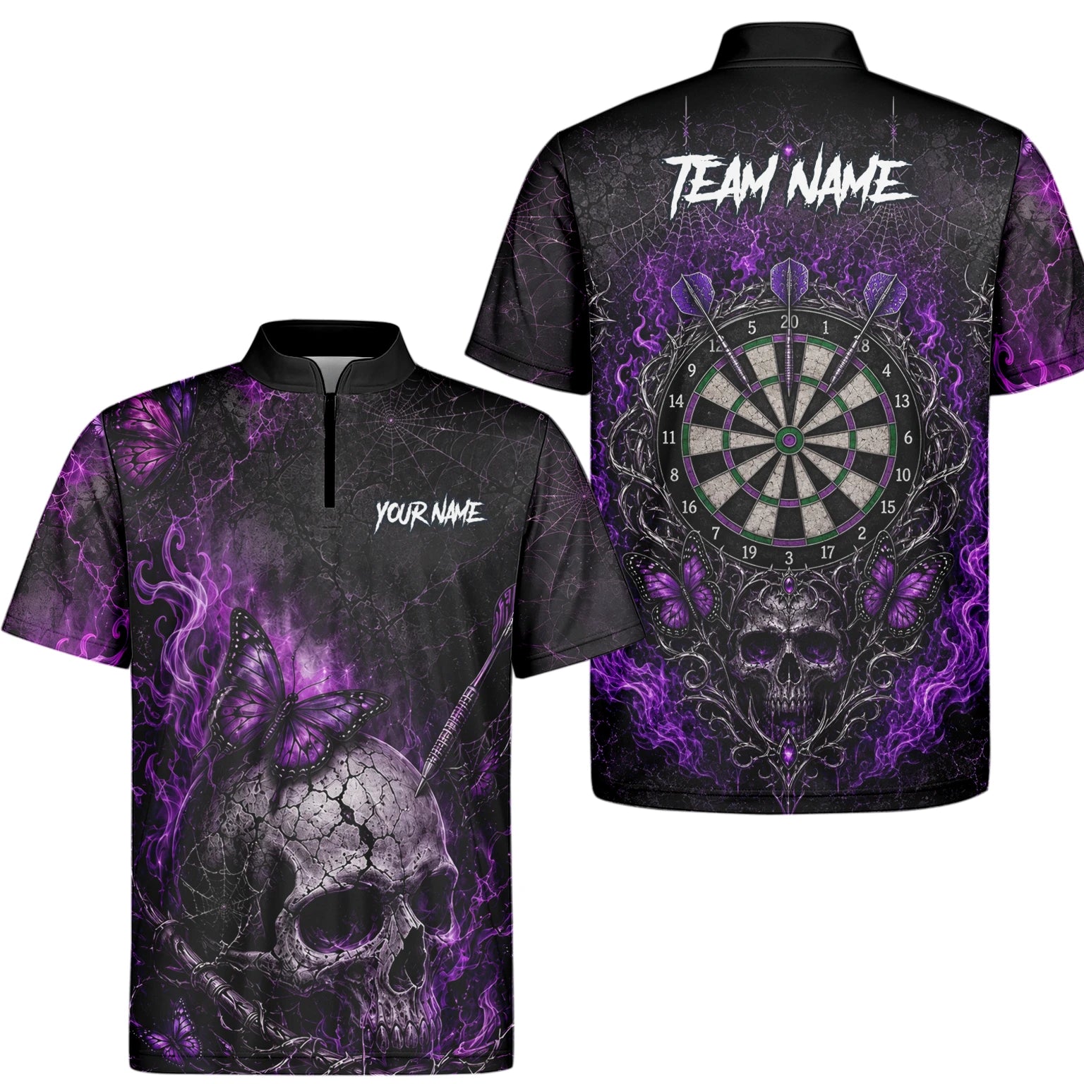 Personalisiertes Schwarz-lila Totenkopf-Schmetterling-Dartshirt für Herren Q241