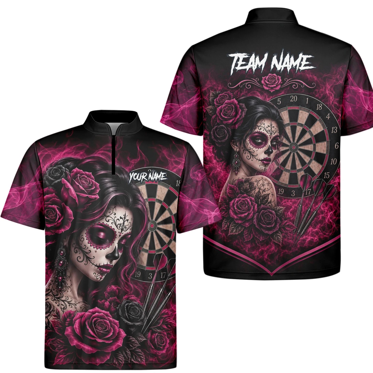 Personalisiertes Schwarz-pink Sugar-Skull-Rosen-Dartshirt für Herren Z109