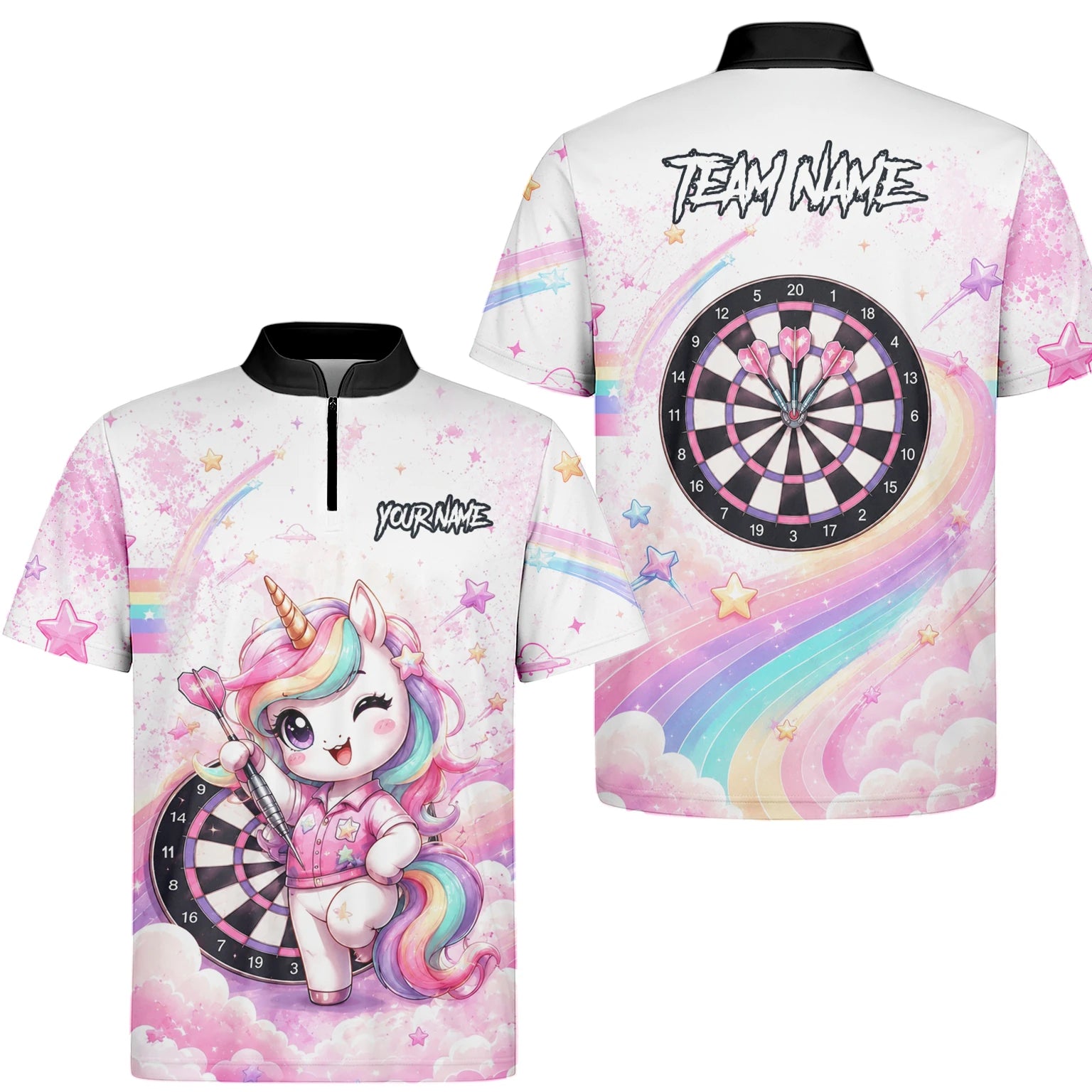 Personalisiertes Weiß-rosa Regenbogen-Einhorn-Dartshirt für Herren F188