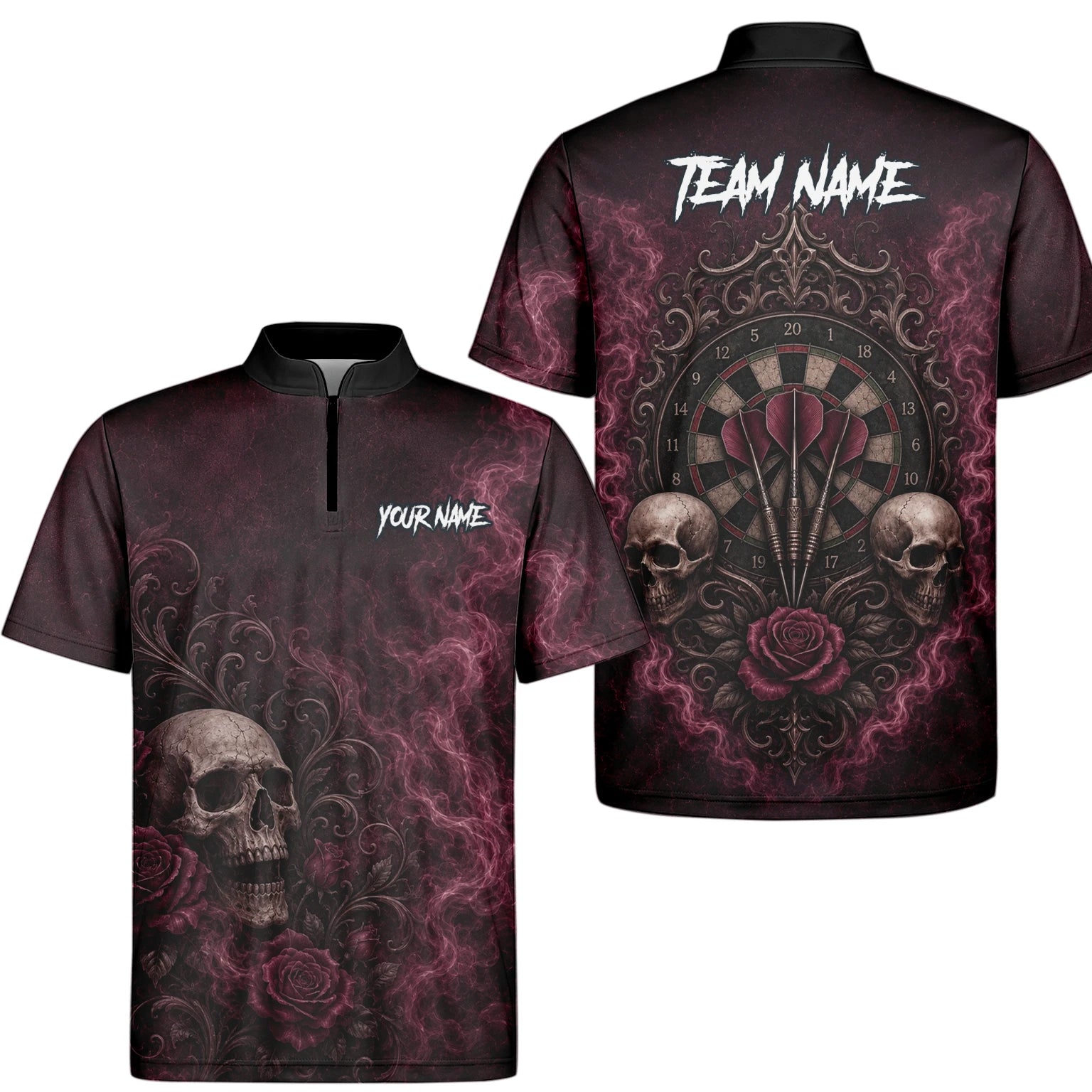 Personalisiertes Dunkelrot-schwarzes Totenkopf-Rosen-Dartshirt für Herren U786