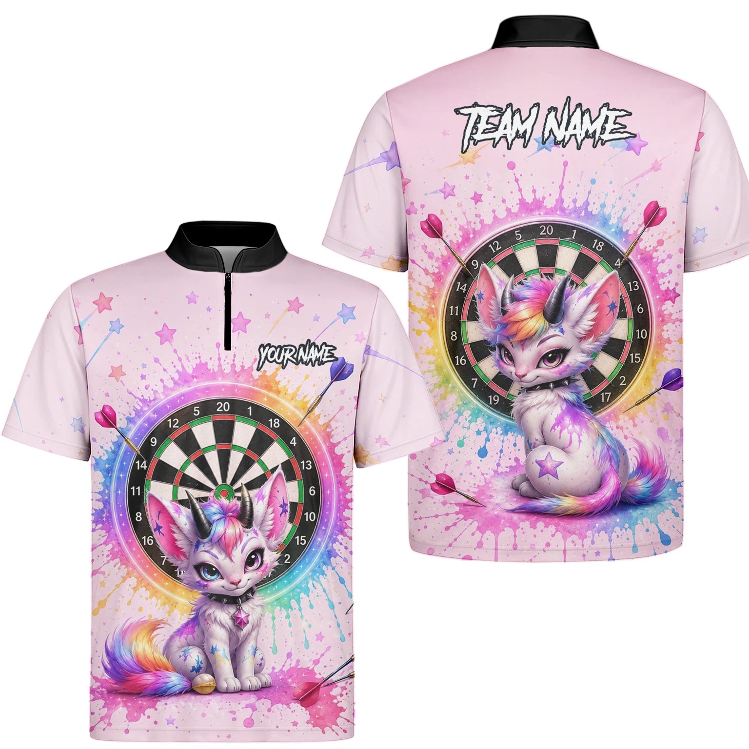 Personalisiertes Rosa Regenbogen Einhorn-Katzen-Dartshirt für Herren X398