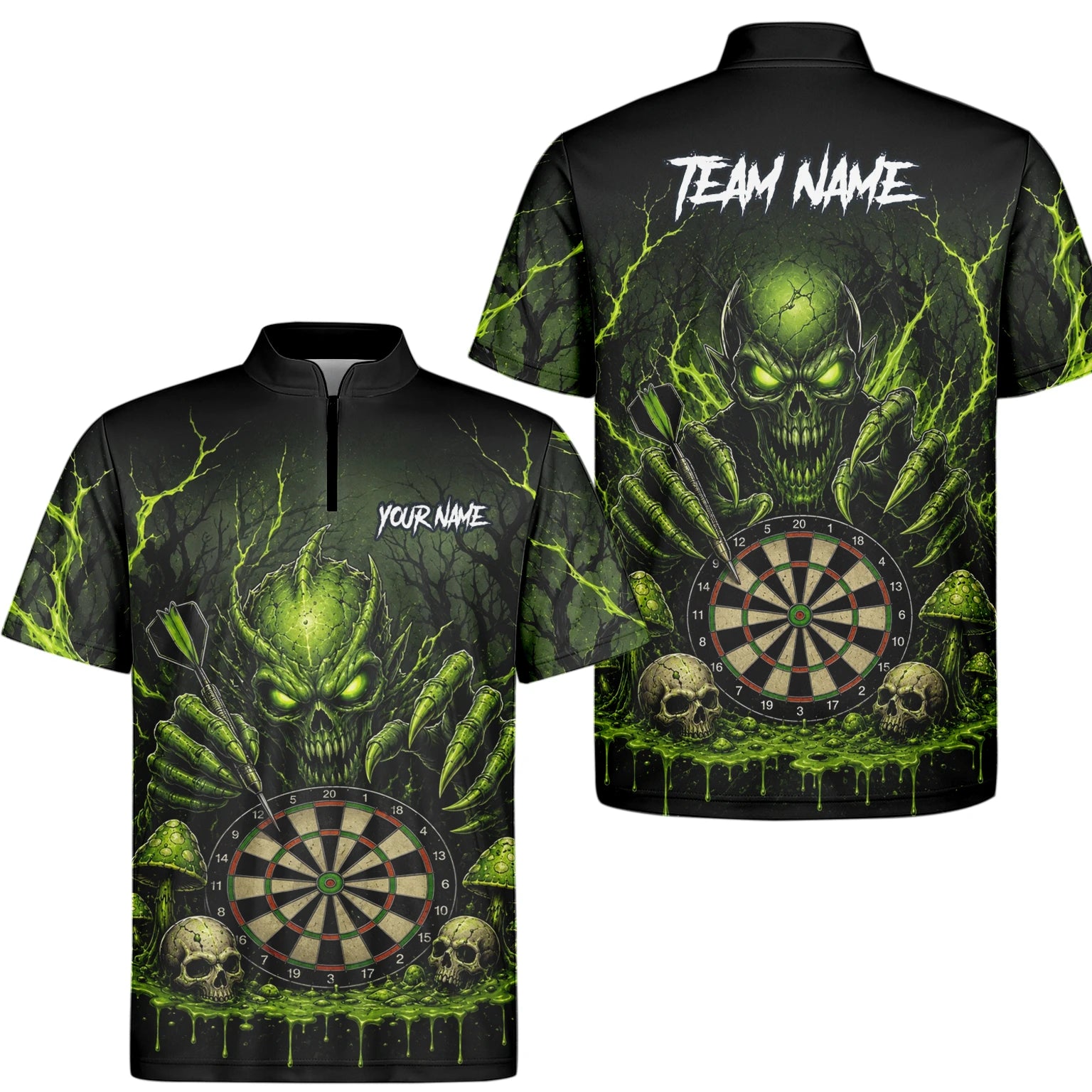 Personalisiertes Schwarz-grünes Monster-Totenkopf-Dartboard Dartshirt für Herren A277