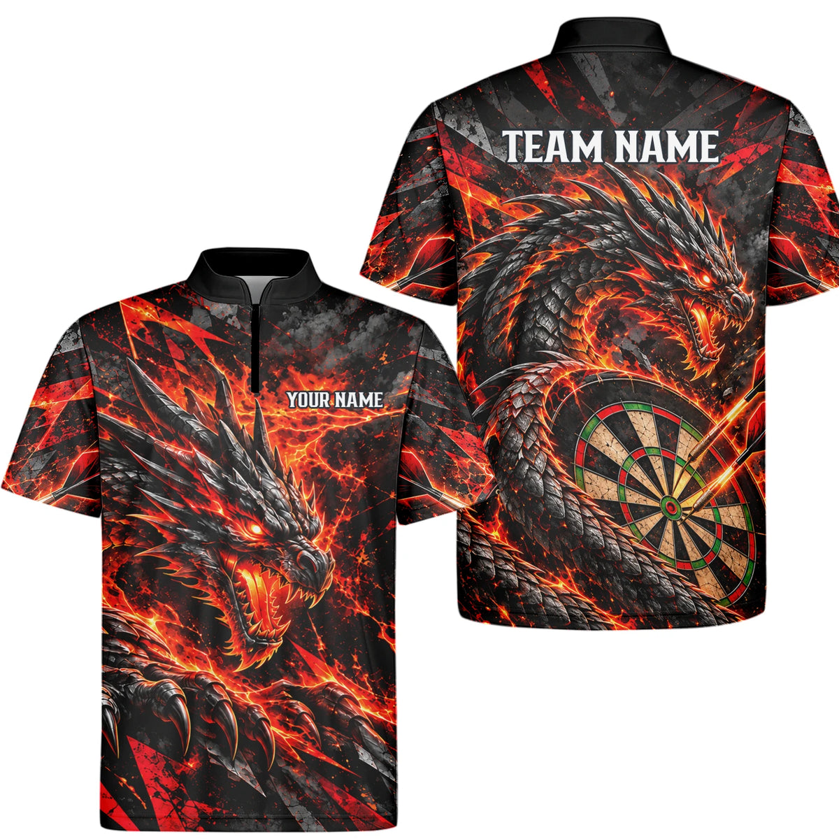Personalisiertes Dartshirt mit schwarz-rotem Feuerdrachen und Dartscheibe für Herren B0683