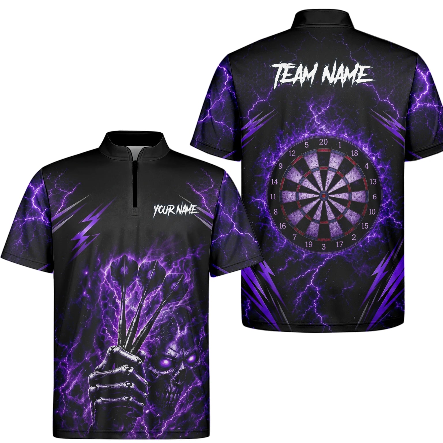Personalisiertes Schwarz-lila Skeletthand-Dartshirt für Herren H822