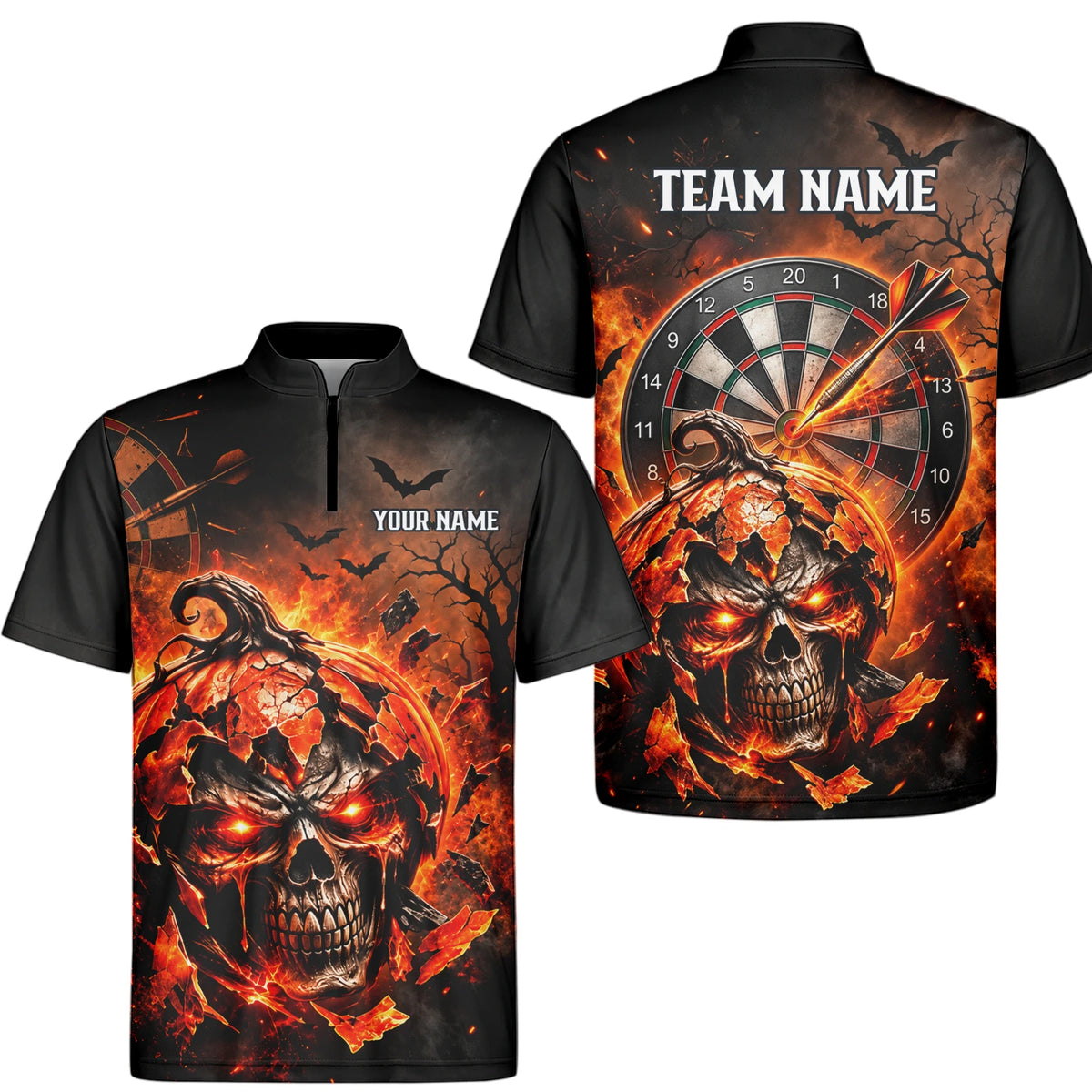 Personalisiertes Dartshirt in Schwarz und Orange mit flammendem Kürbis-Totenkopf und Dartscheibe für Herren S4076