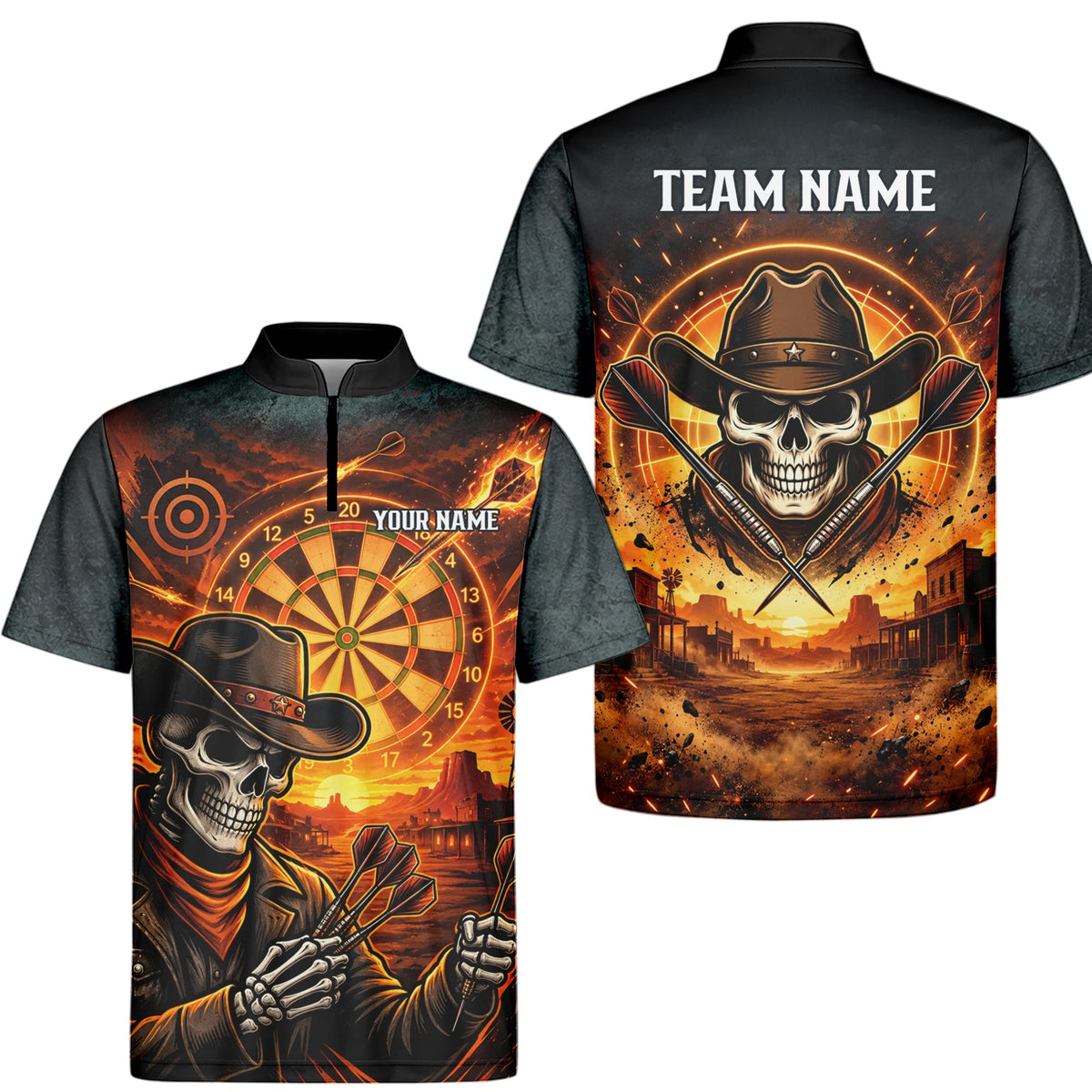 Personalisiertes Dartshirt in Schwarz und Orange mit Western-Cowboy-Totenkopf und Dartscheibe für Herren L8691