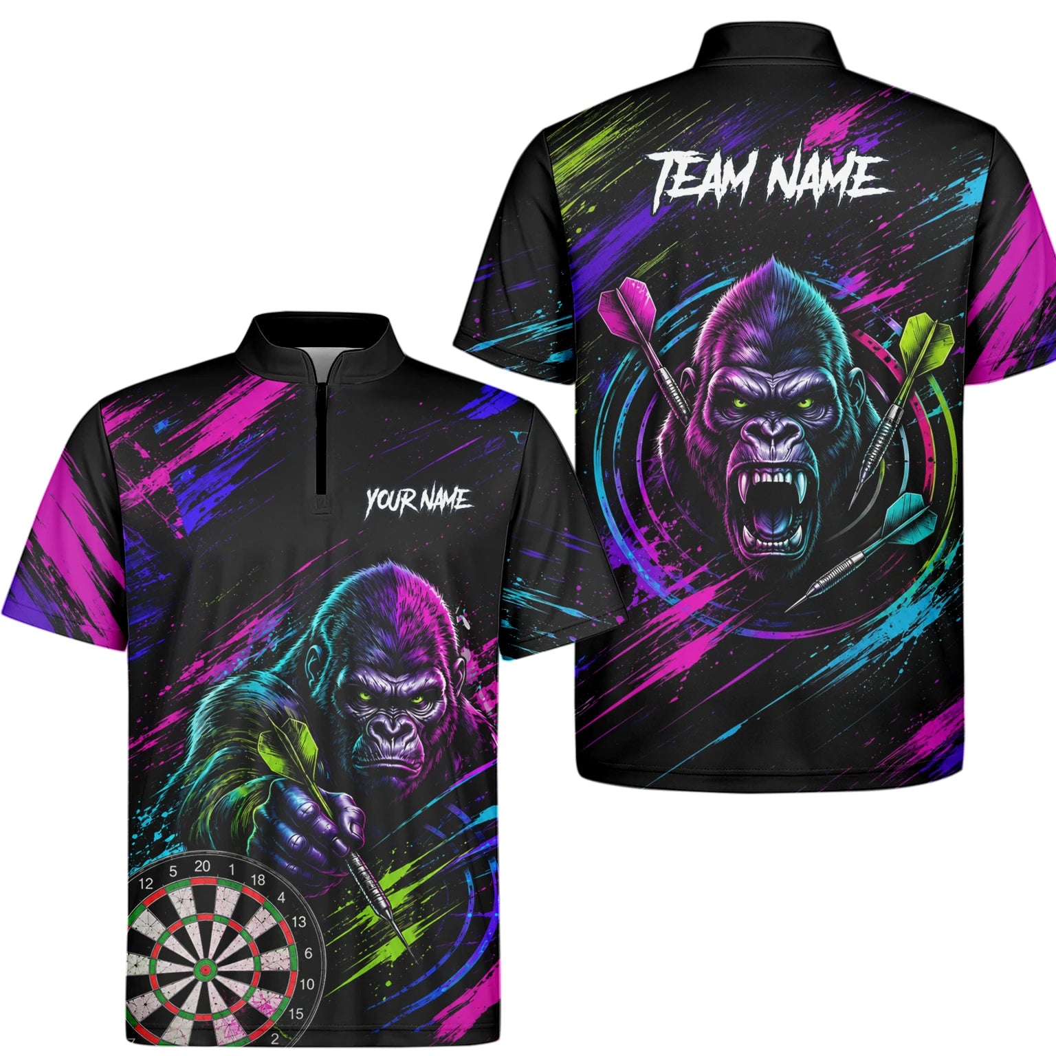 Personalisiertes Schwarz-pink-lila Gorilla-Dartshirt für Herren U874