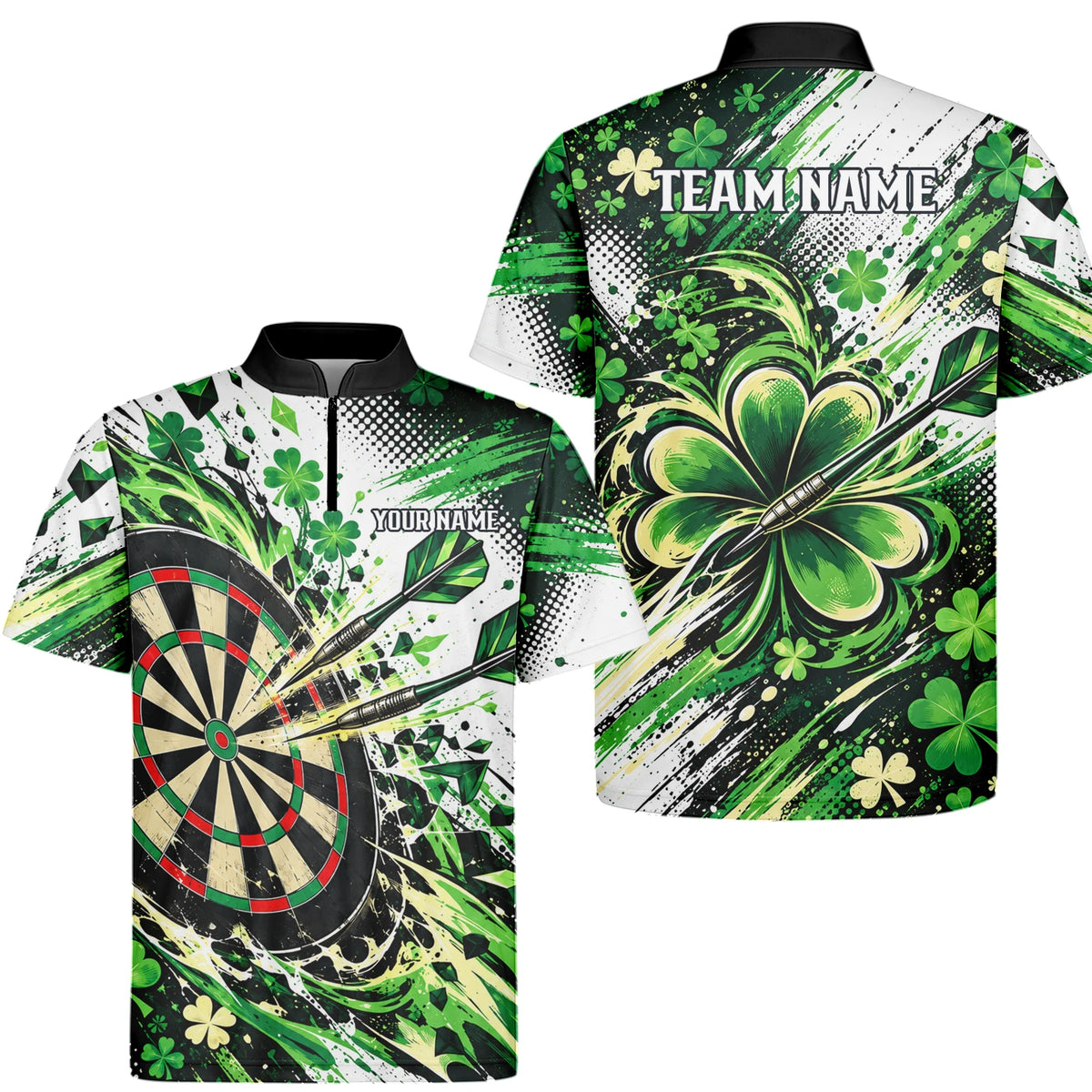 Personalisiertes Dartshirt in Grün, Schwarz und Weiß mit Kleeblättern und Dartscheibe für Herren J0950