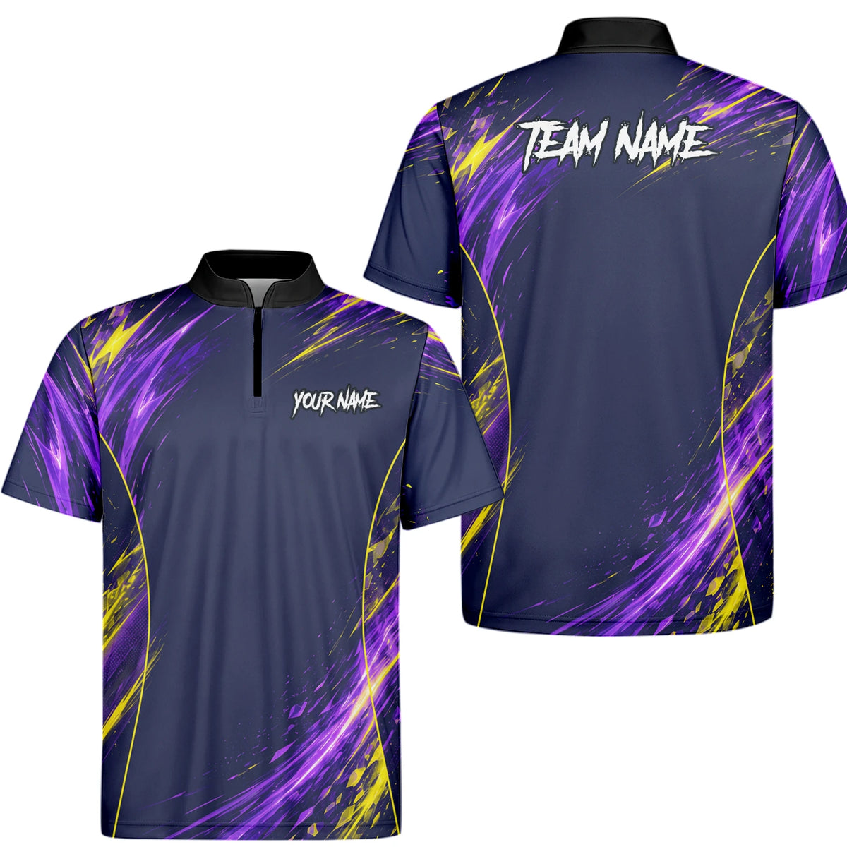 Personalisiertes Dartshirt mit dunkelblau-lila-gelbem abstraktem Design für Herren D517