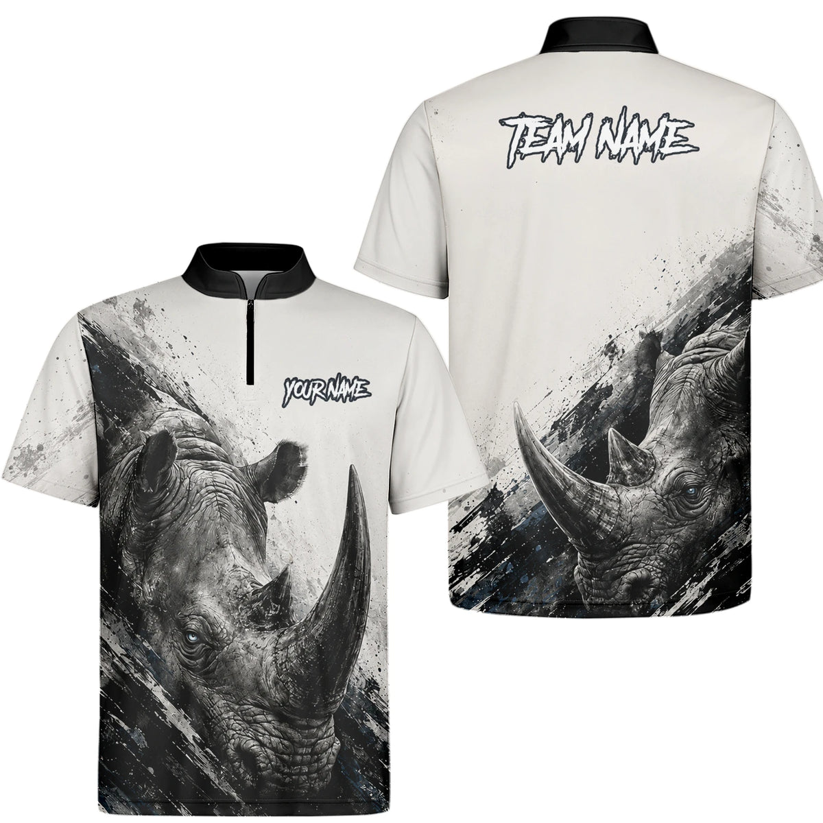 Personalisiertes Dartshirt mit weiß-schwarz-grauem Nashorn für Herren C312