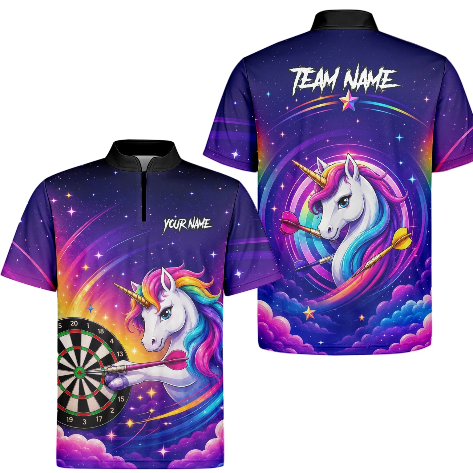Personalisiertes Violettes Regenbogen-Einhorn-Dartshirt für Herren P431