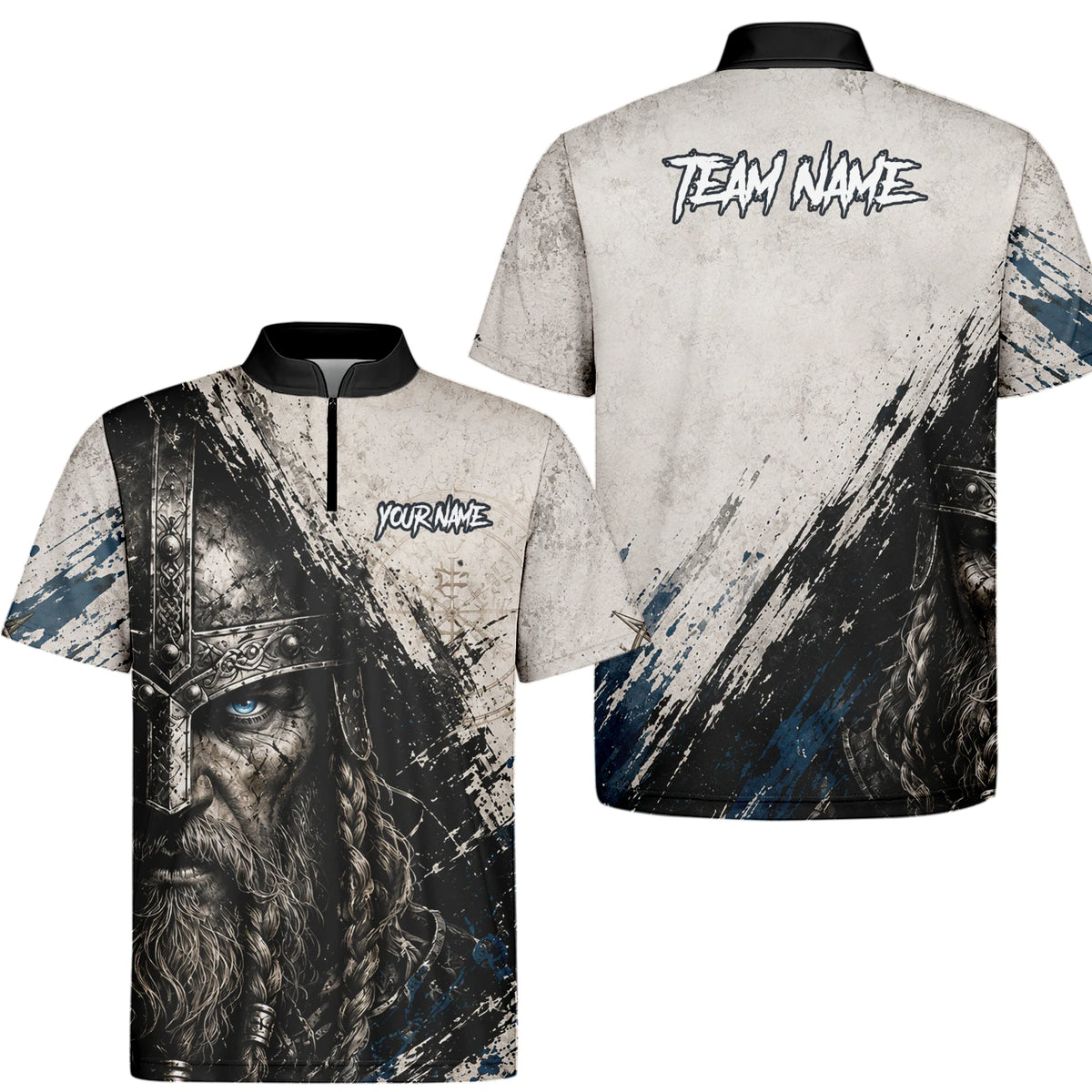 Personalisiertes Dartshirt mit weiß-schwarz-blauem Wikinger für Herren U843