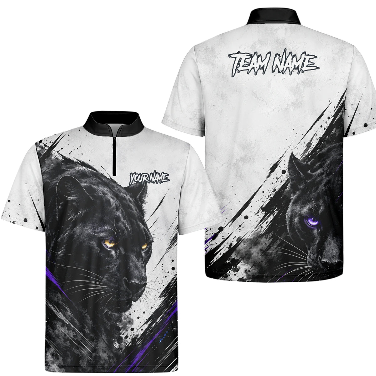 Personalisiertes Dartshirt mit weiß-schwarz-violettem Panther für Herren W442