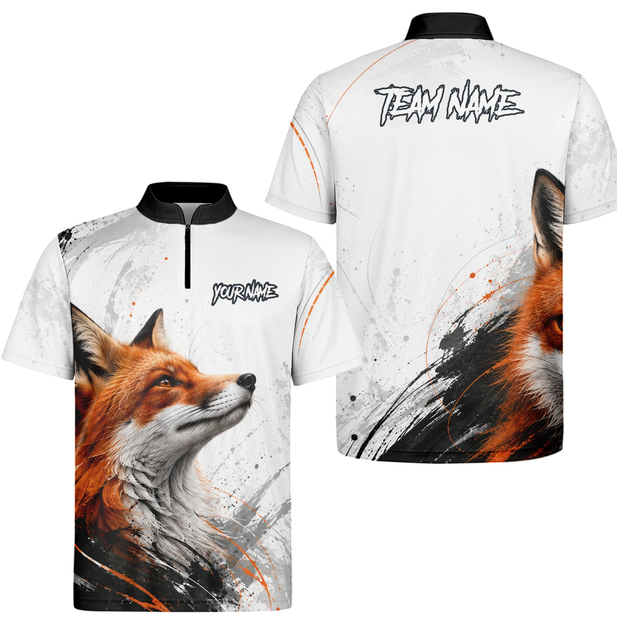 Personalisiertes Dartshirt mit weiß-schwarz-orangenem Fuchs für Herren D228