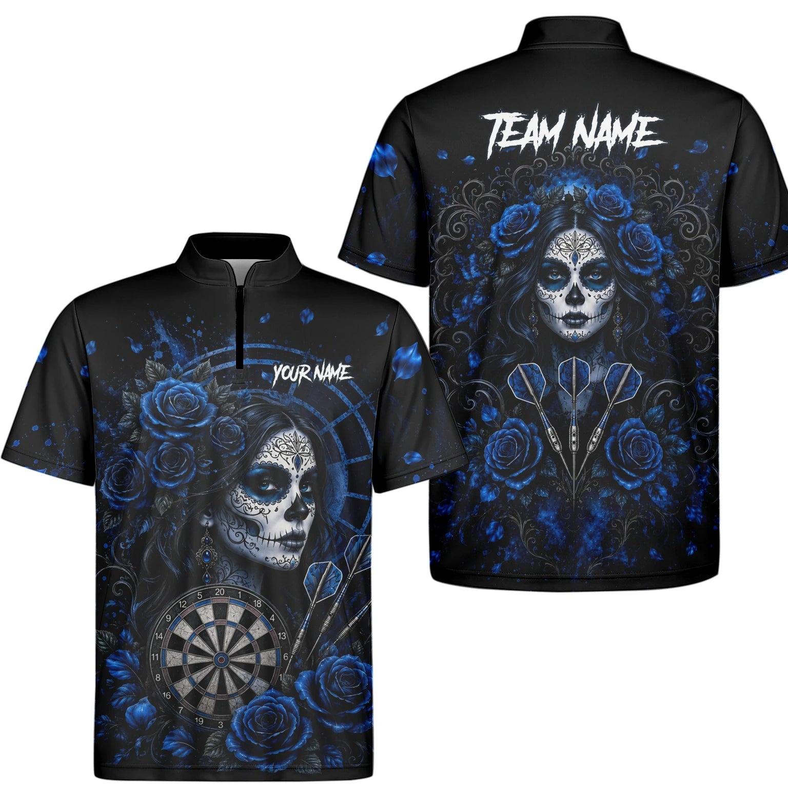 Personalisiertes Schwarz-blaues Sugar-Skull-Rosen-Dartshirt für Herren I884