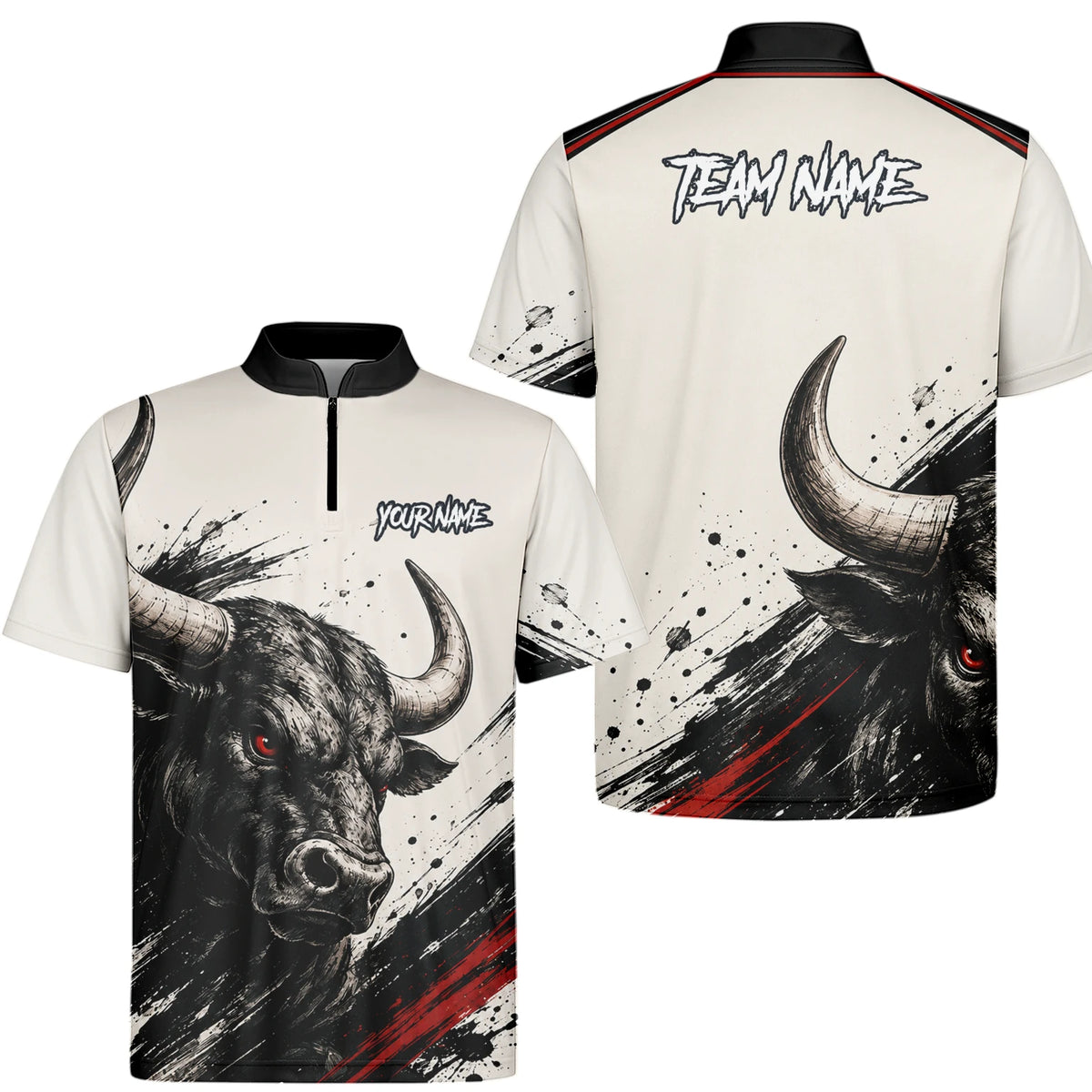 Personalisiertes Dartshirt mit weiß-schwarz-rotem Bullen für Herren H473