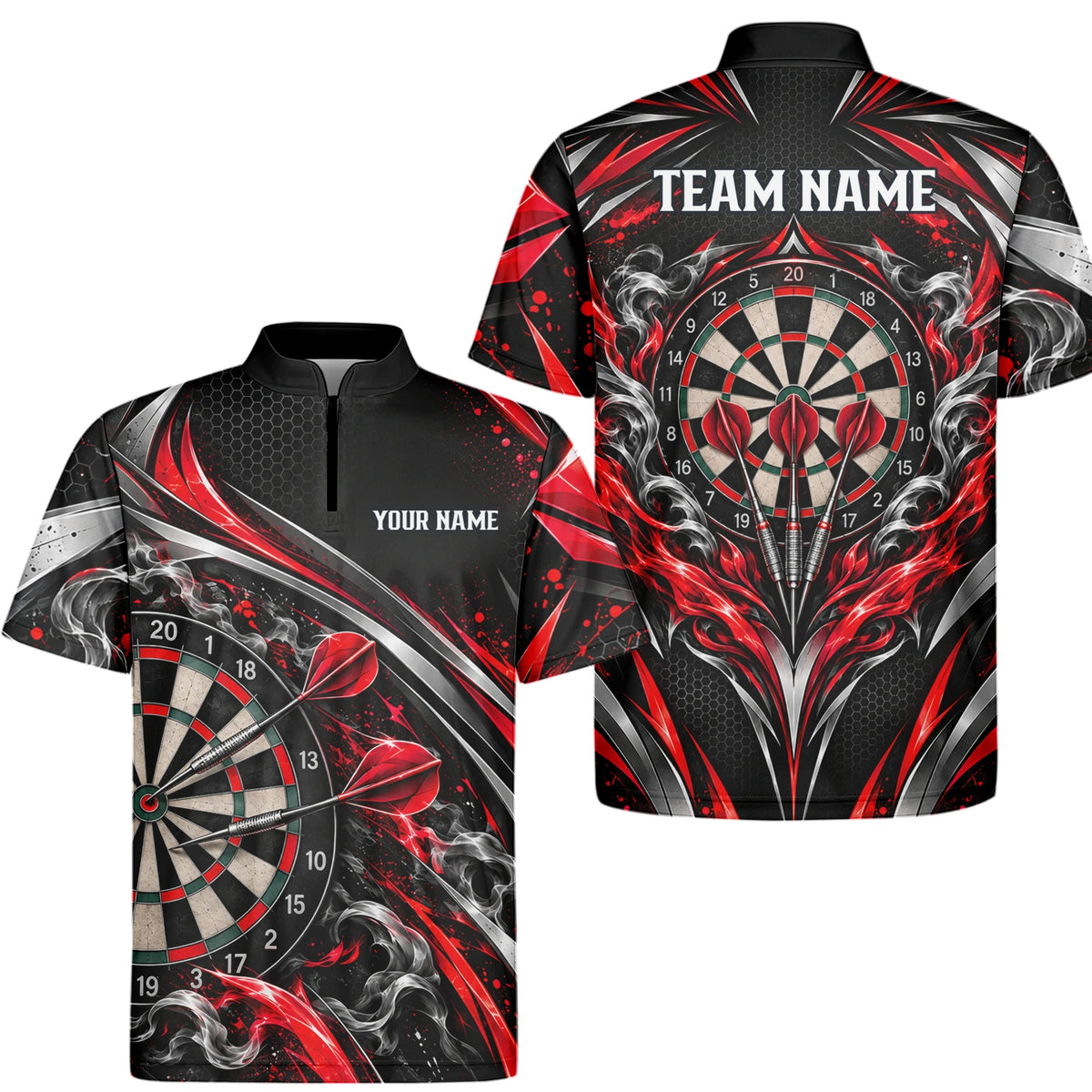 Personalisiertes Dartshirt in Schwarz, Rot und Silber mit geschwungenen Linien und Dartscheibe für Herren L9172
