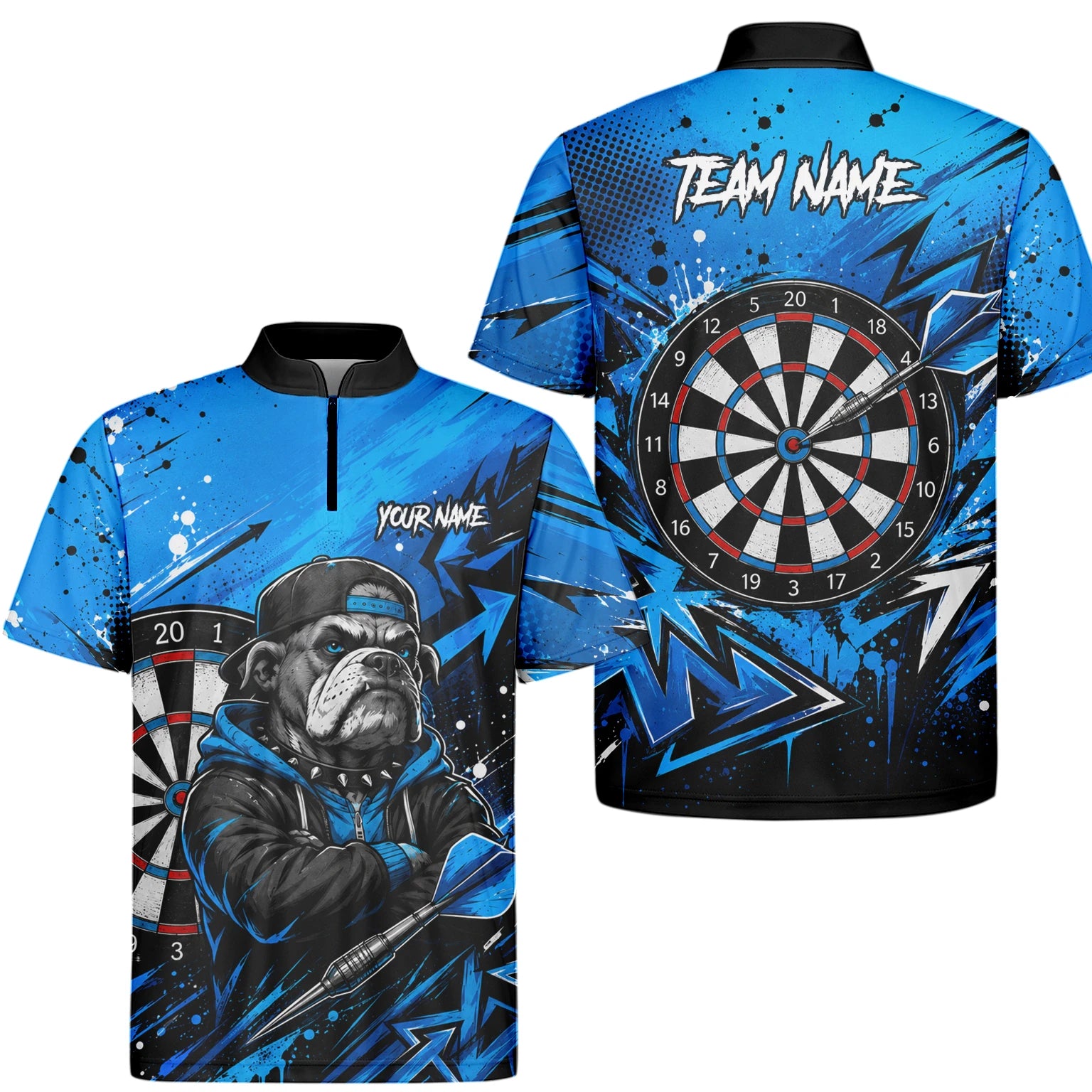 Personalisiertes Blau-schwarzes Bulldoggen-Dartshirt für Herren D529