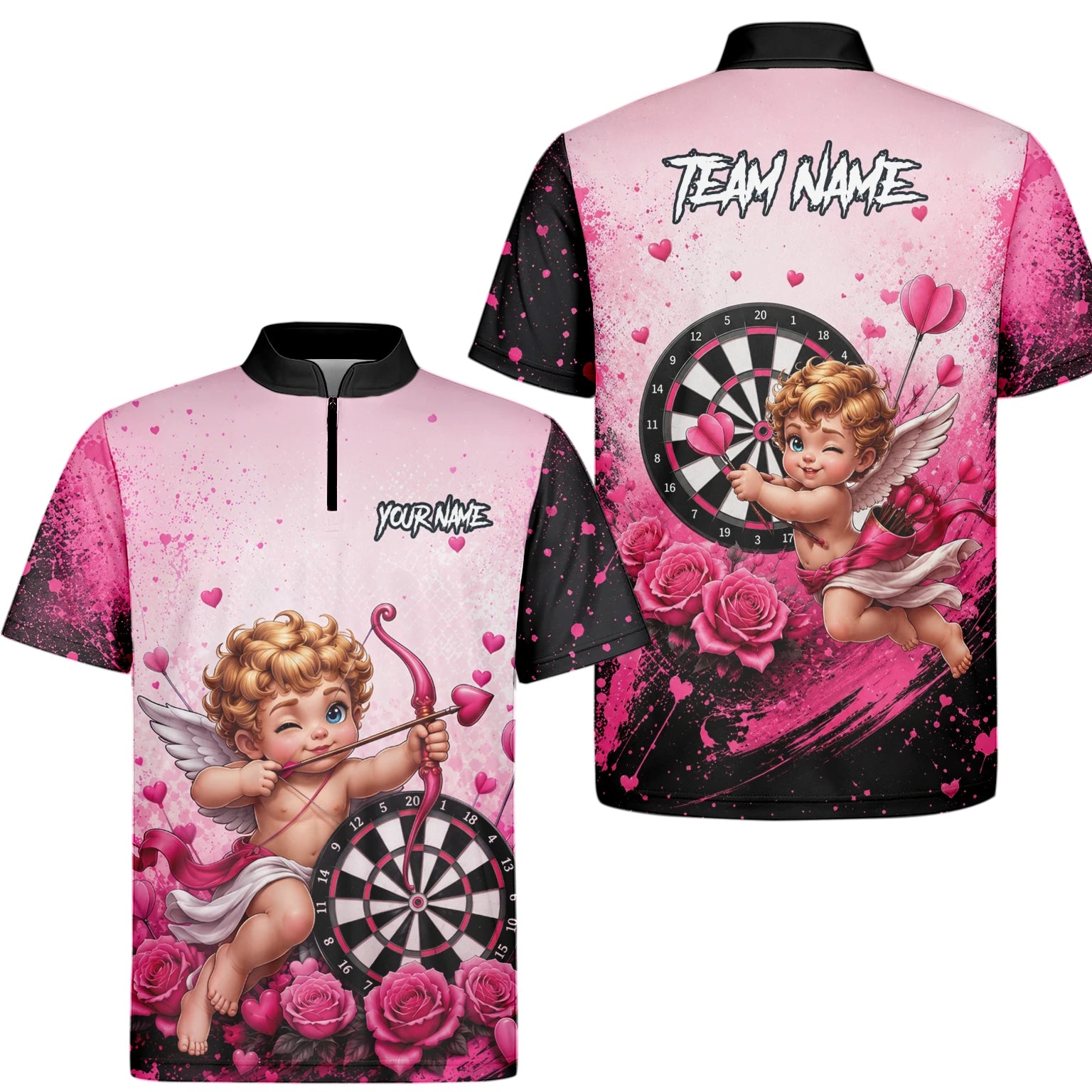 Personalisiertes Pink-schwarzes Amor-Dartboard Dartshirt für Herren I643