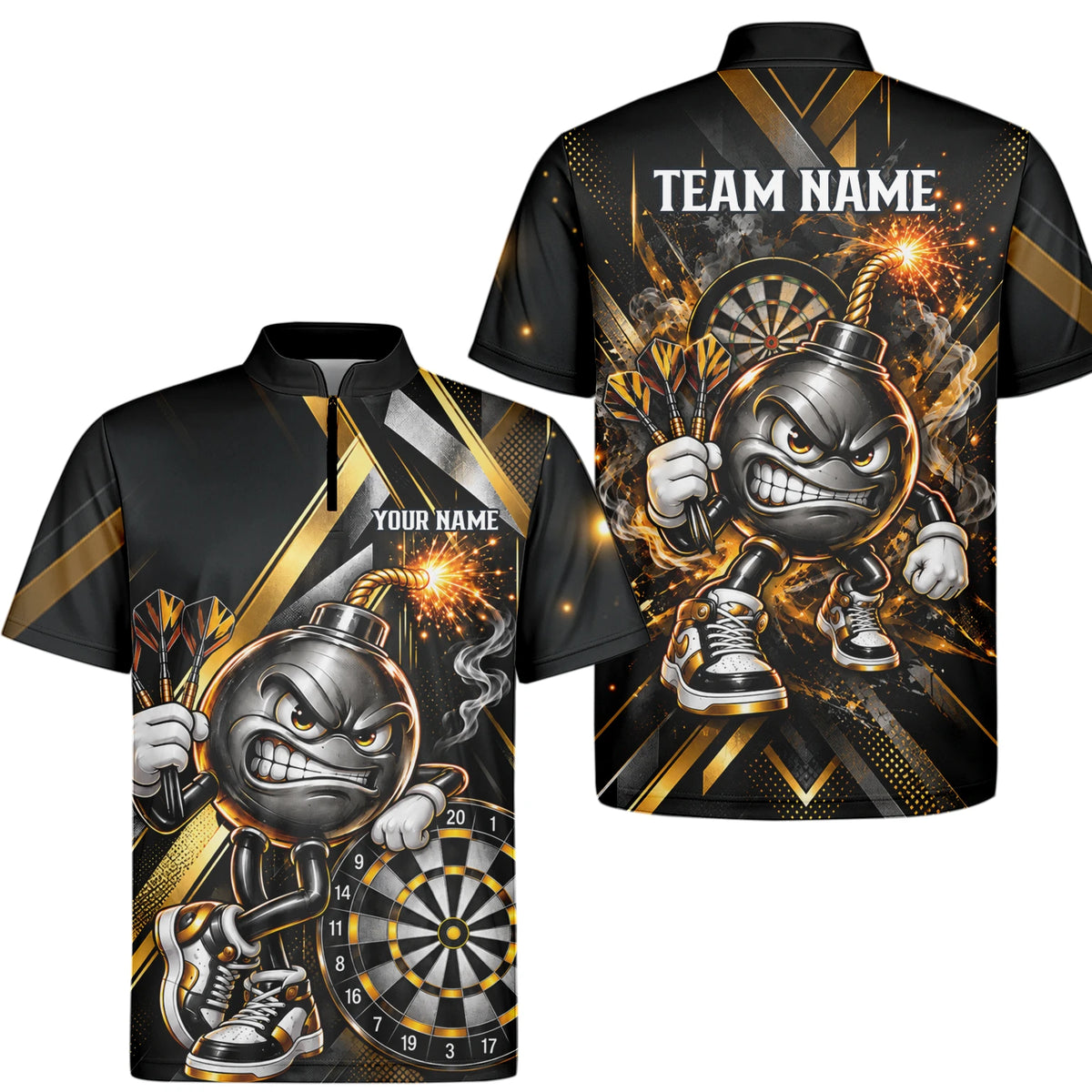 Personalisiertes Dartshirt in Schwarz und Gold mit wütender Comic-Bombe, Pokal und Dartscheibe für Herren R0150