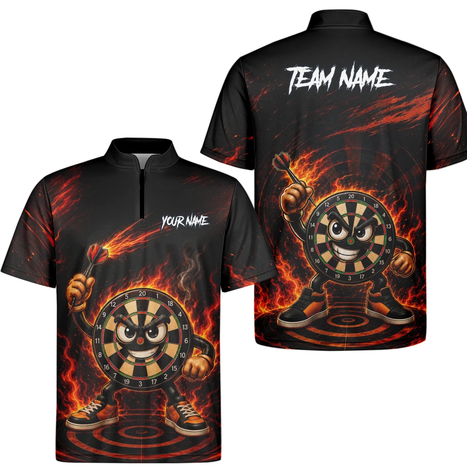 Personalisiertes Schwarz-rotes Flammen-Dartboard-Dartshirt für Herren W224