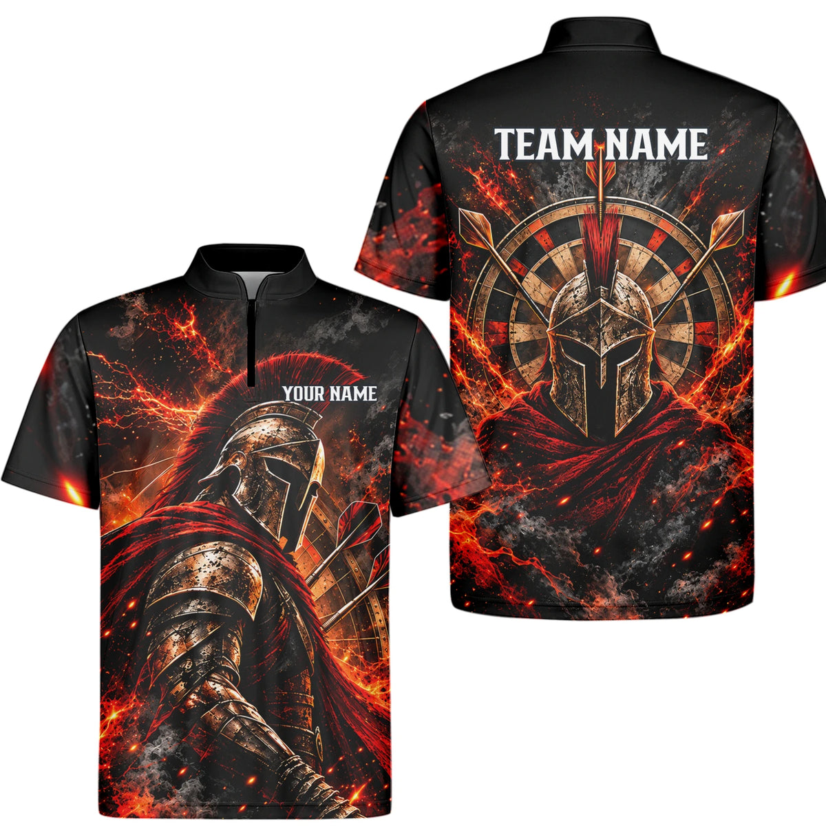 Personalisiertes Dartshirt in Schwarz, Rot und Orange mit Spartanerhelm, Flammen und Dartscheibe für Herren Z3444