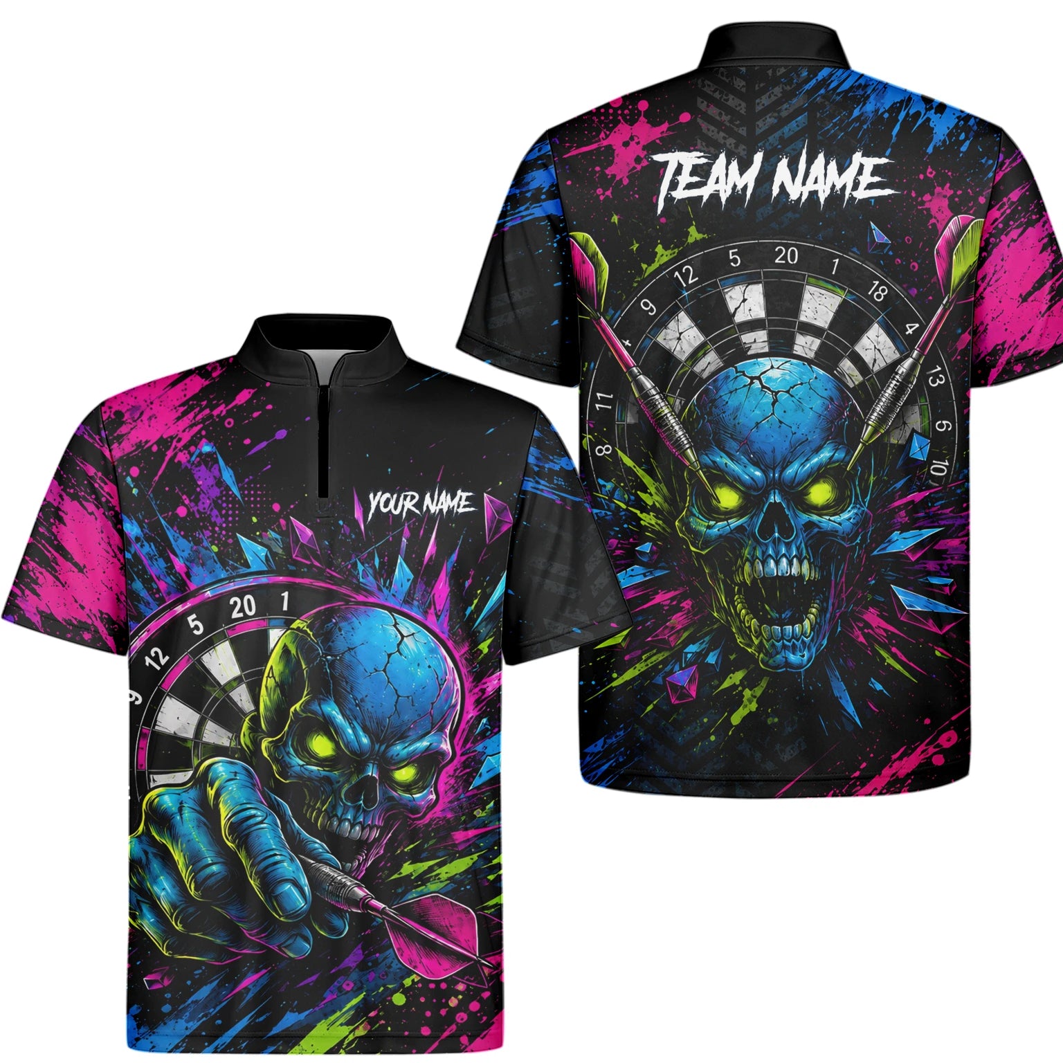 Personalisiertes Neonfarbenes Totenkopf-Dartboard Dartshirt für Herren S232
