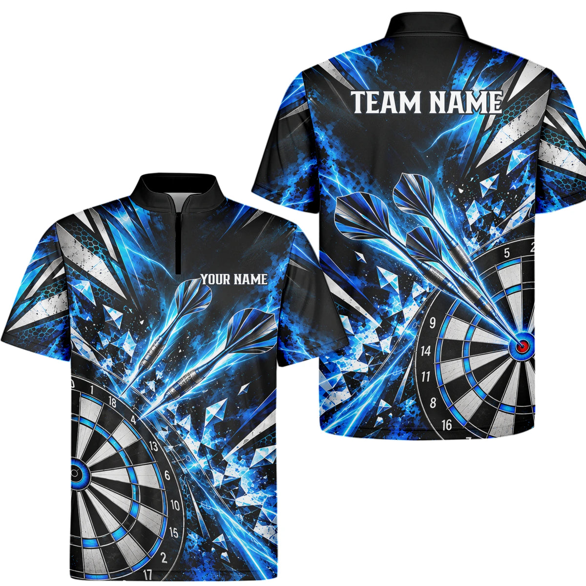 Personalisiertes Dartshirt in Schwarz, Blau und Silber mit geometrischen Splittern, Dartpfeilen und Dartscheibe für Herren N0176