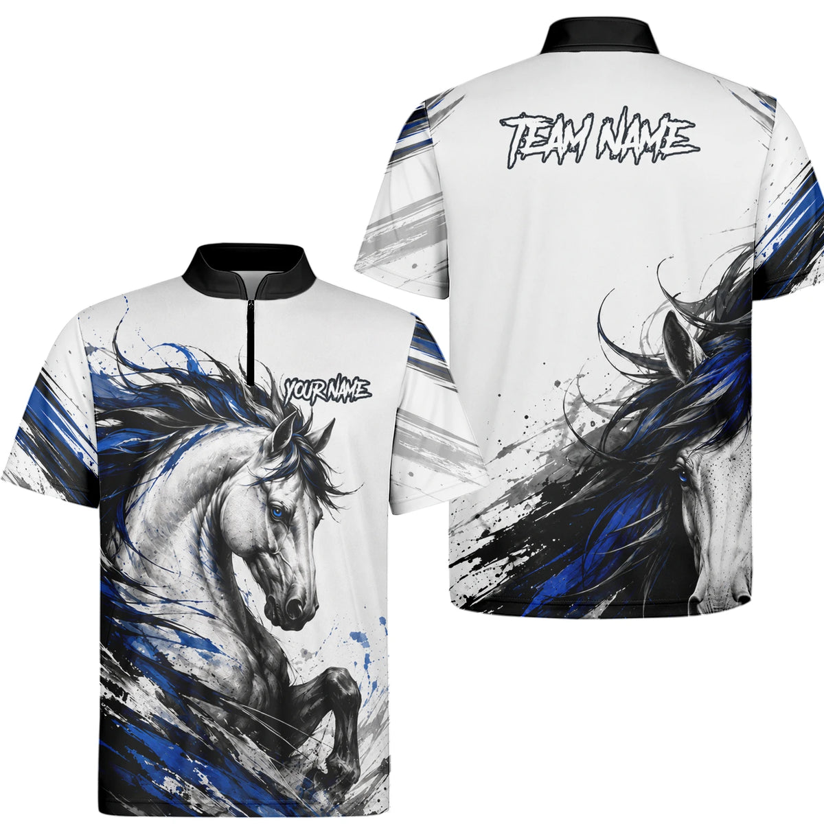 Personalisiertes Dartshirt mit weiß-schwarz-blauem steigenden Pferd für Herren O686