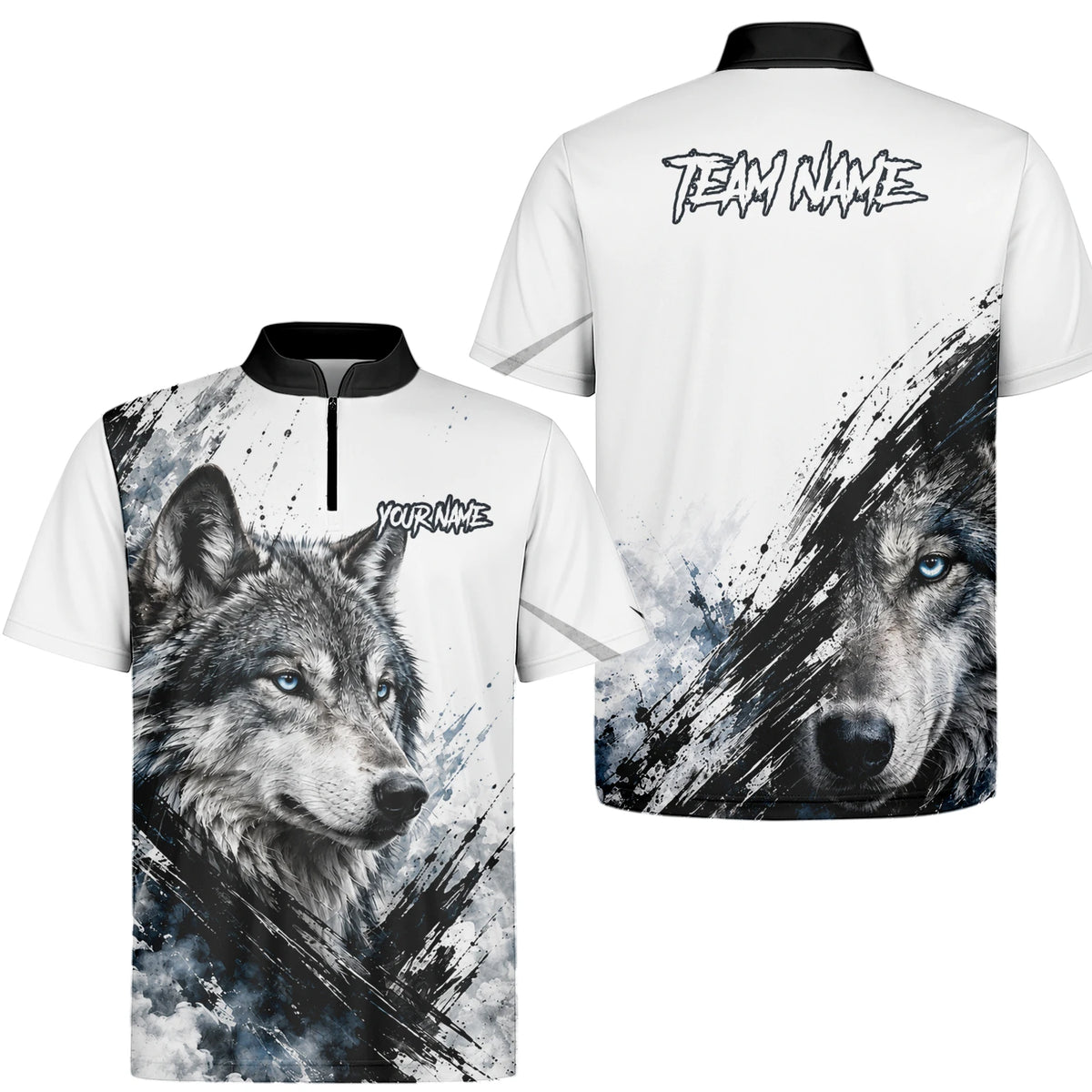 Personalisiertes Dartshirt mit weiß-schwarz-blauem Wolf für Herren P634