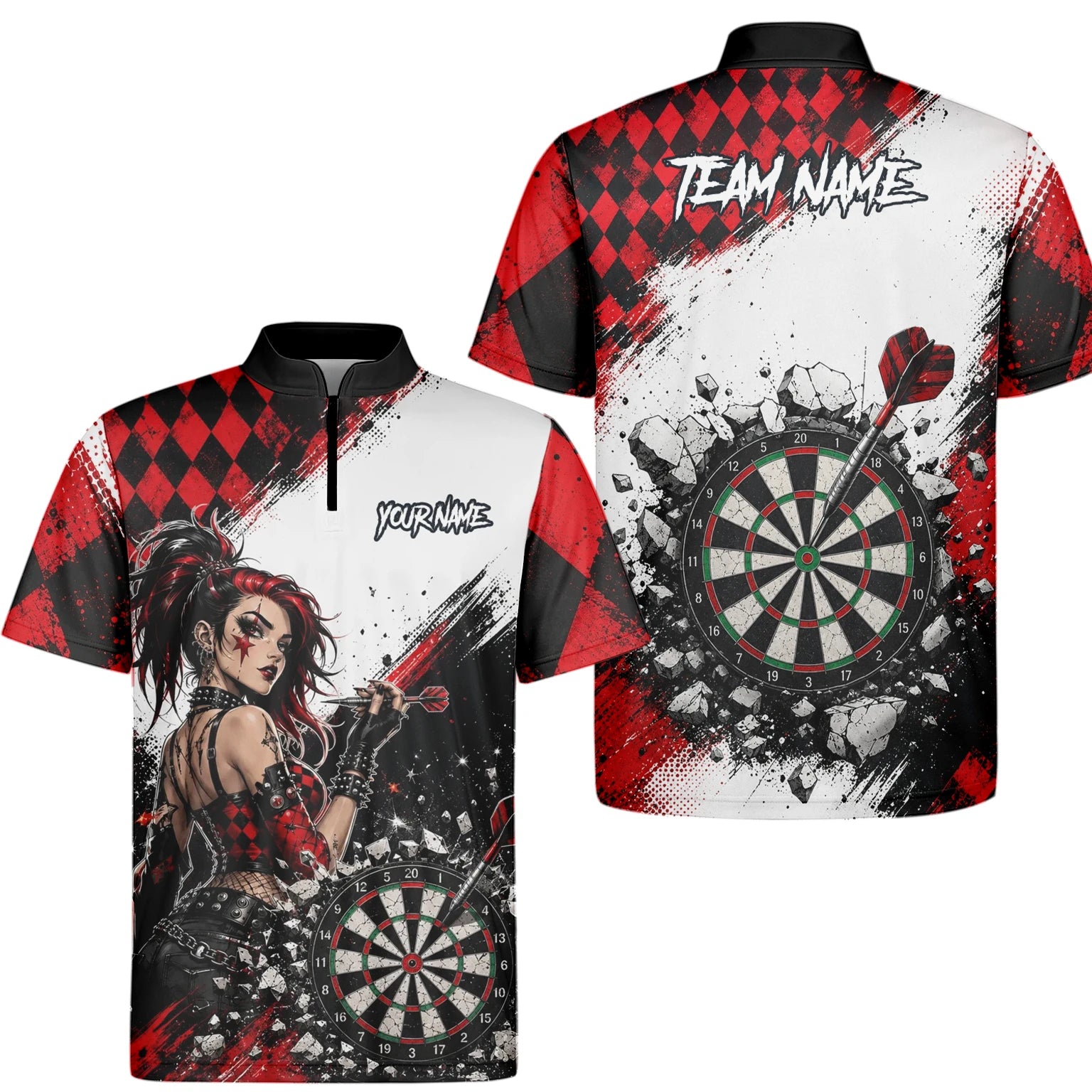 Personalisiertes Rot-schwarzes Gothic-Harlekin Dart Poloshirt für Herren K572