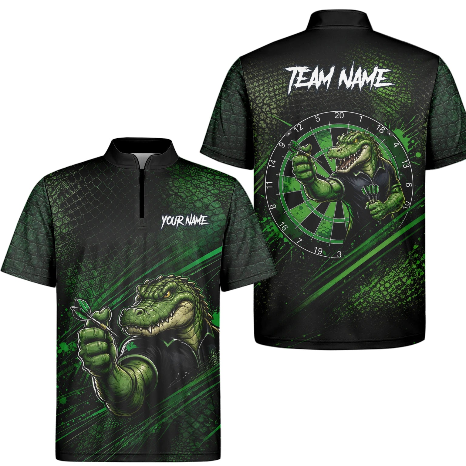Personalisiertes Grün-schwarzes Alligator-Dartspieler-Dartshirt für Herren I987