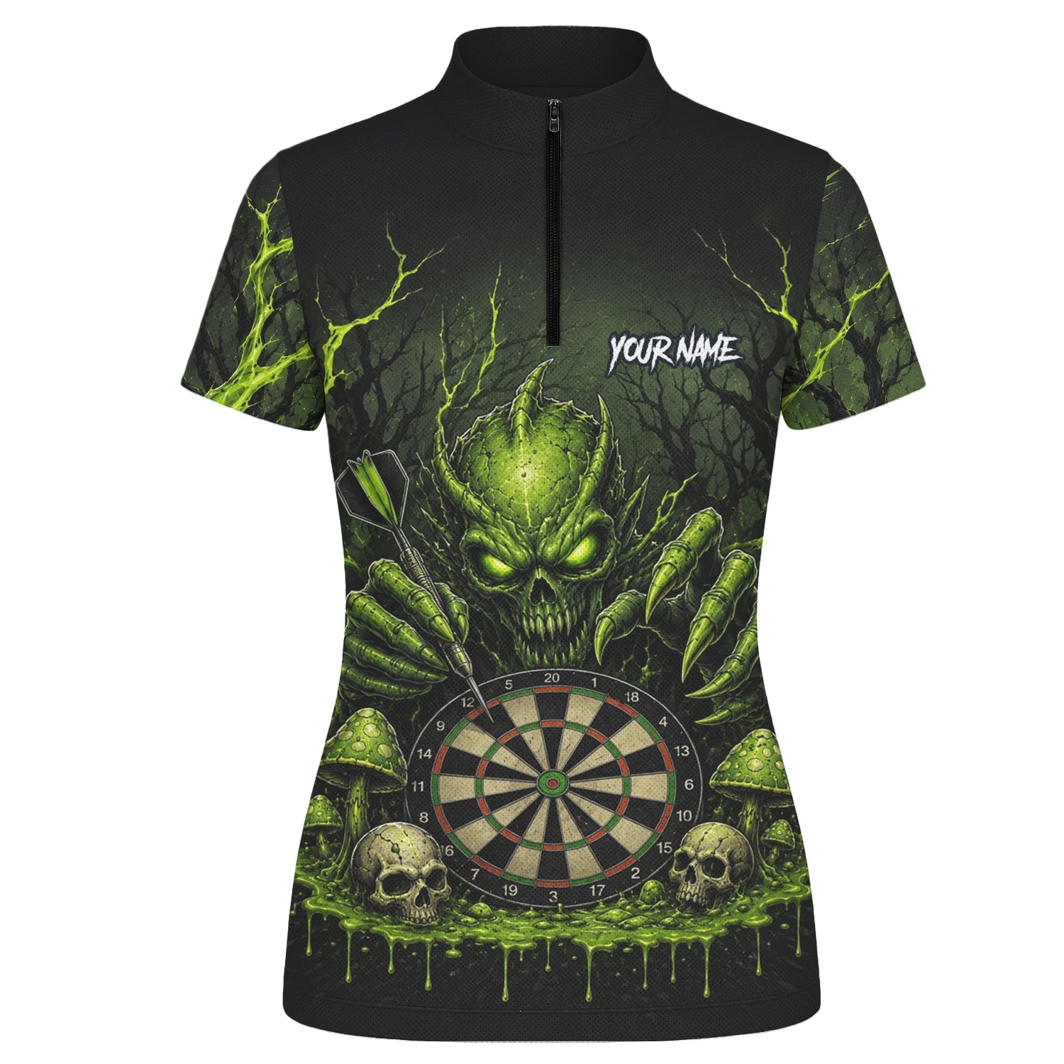 Personalisiertes Schwarz-grünes Monster-Totenkopf-Dartboard Dartshirt für Damen A277