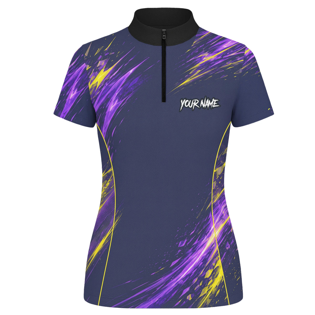 Personalisiertes Dartshirt mit dunkelblau-lila-gelbem abstraktem Design für Damen D517