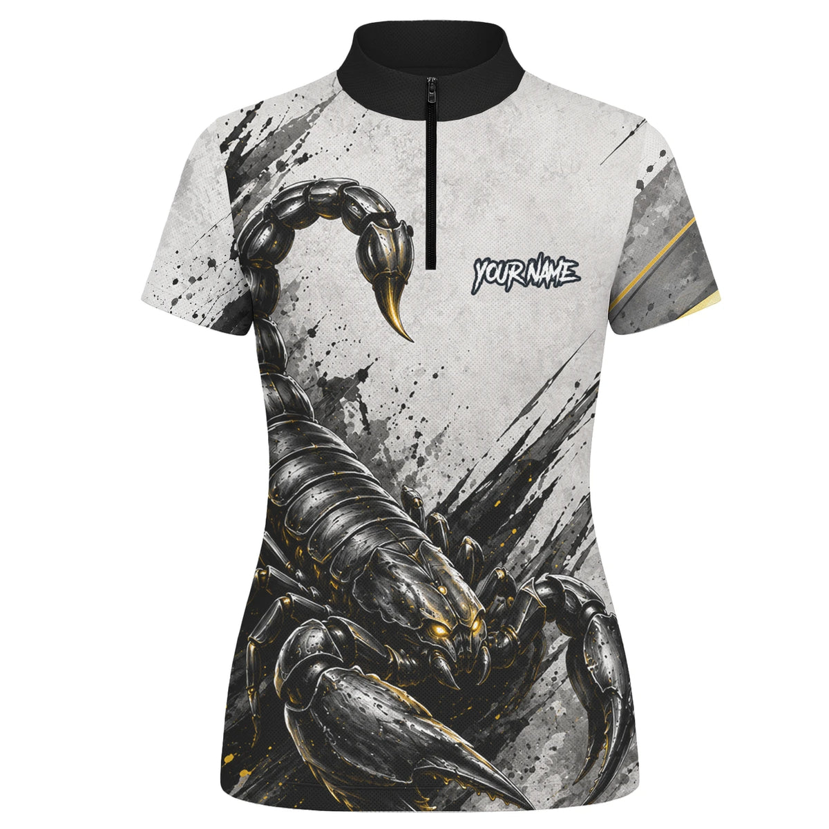 Personalisiertes Dartshirt mit weiß-schwarz-goldenem Skorpion für Damen S226