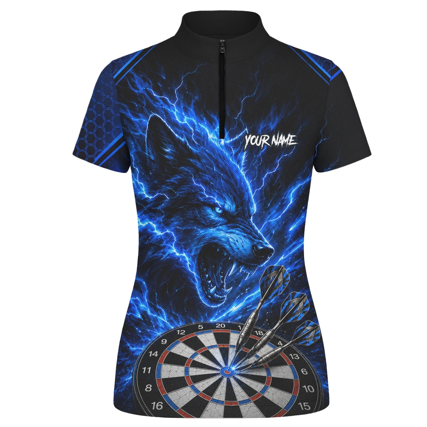 Personalisiertes Schwarz-blaues Wolf-Blitz-Dartshirt für Damen Y375