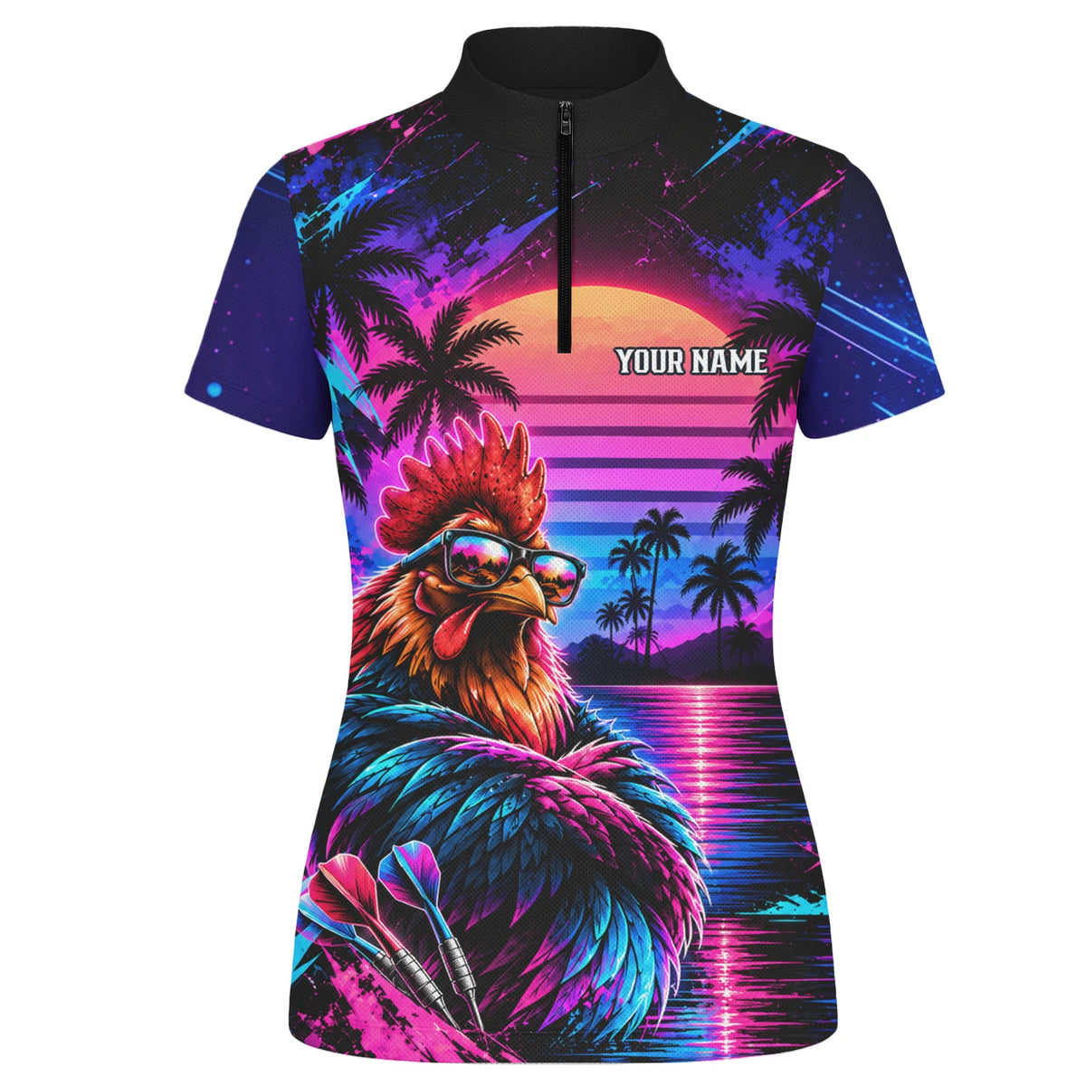 Personalisiertes Dartshirt in Pink, Lila und Blau mit Hahn, Palmen, Sonnenuntergang und Dartscheibe für Damen Q6611