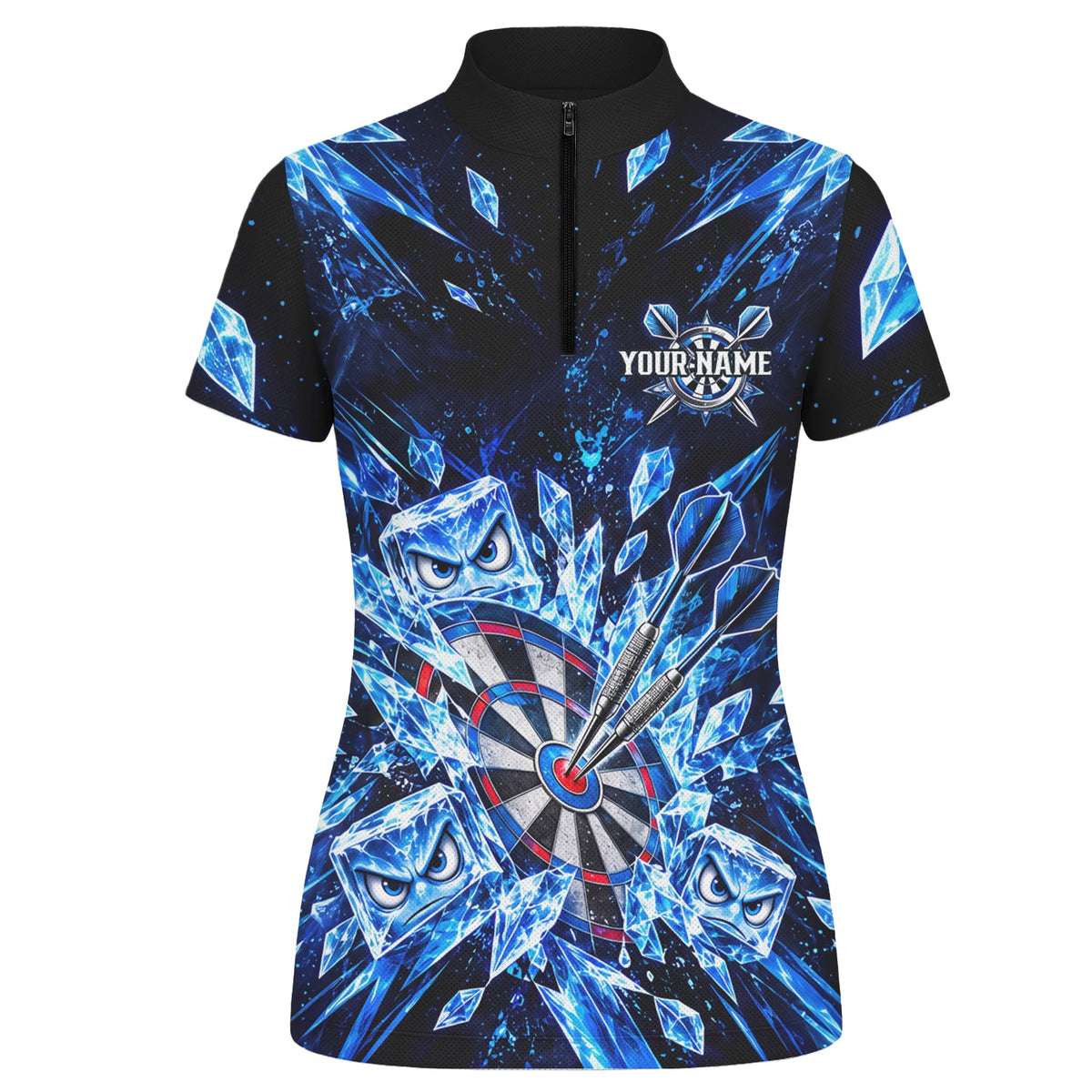 Personalisiertes Dartshirt in Schwarz und Blau mit Eiskristallen, Dartpfeilen und Dartscheibe für Damen X5114