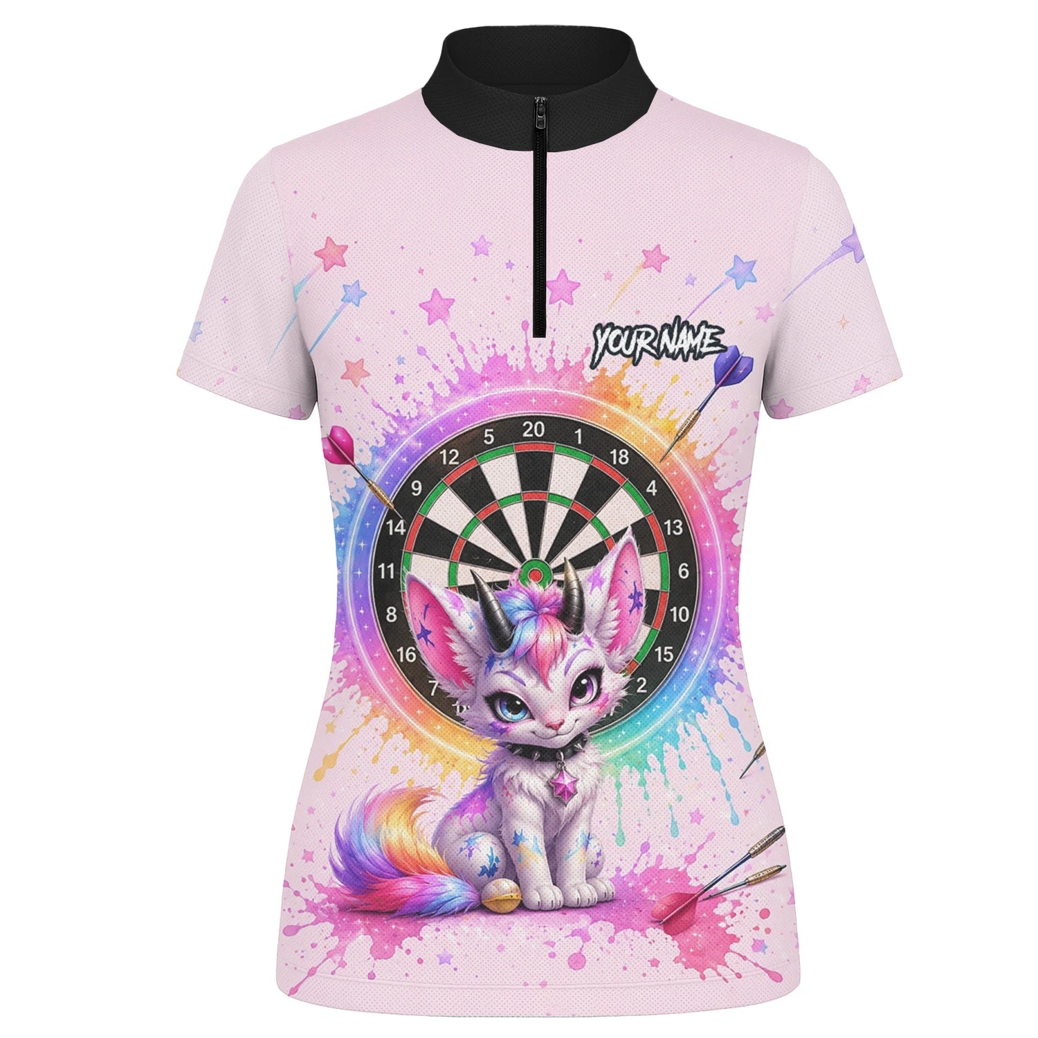 Personalisiertes Rosa Regenbogen Einhorn-Katzen-Dartshirt für Damen X398