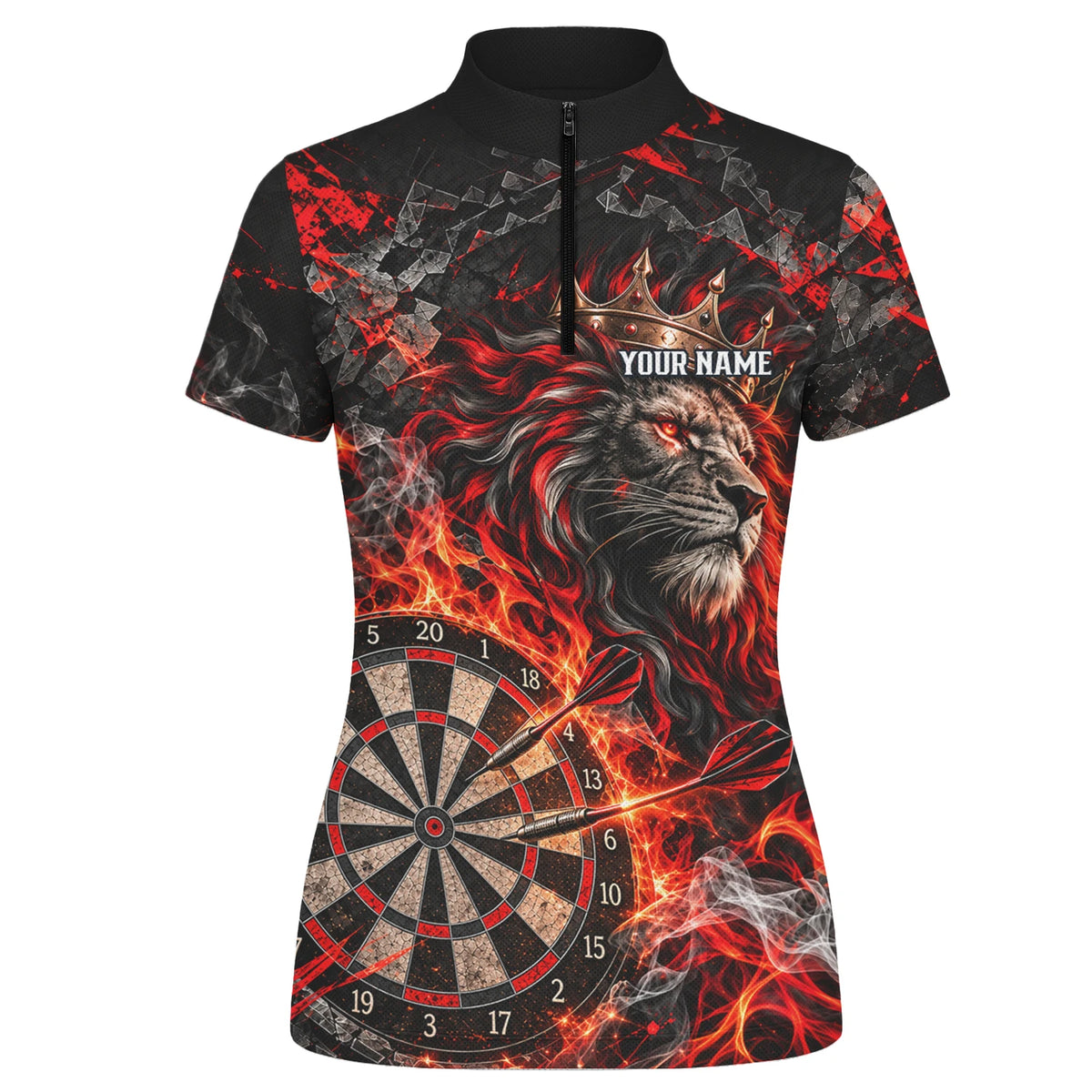 Personalisiertes Dartshirt in Schwarz und Rot mit gekröntem Löwen, Flammen und Dartscheibe für Damen O5343