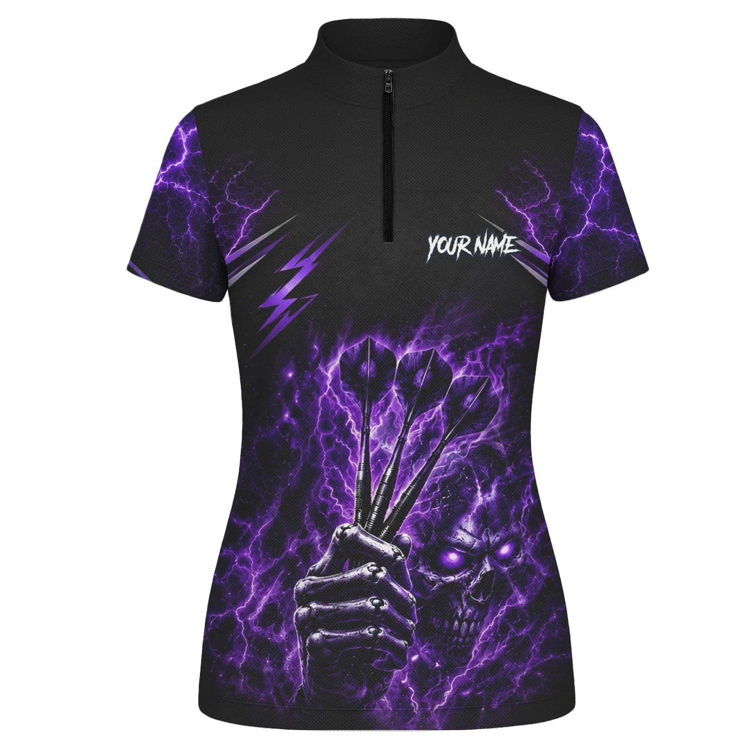 Personalisiertes Schwarz-lila Skeletthand-Dartshirt für Damen H822