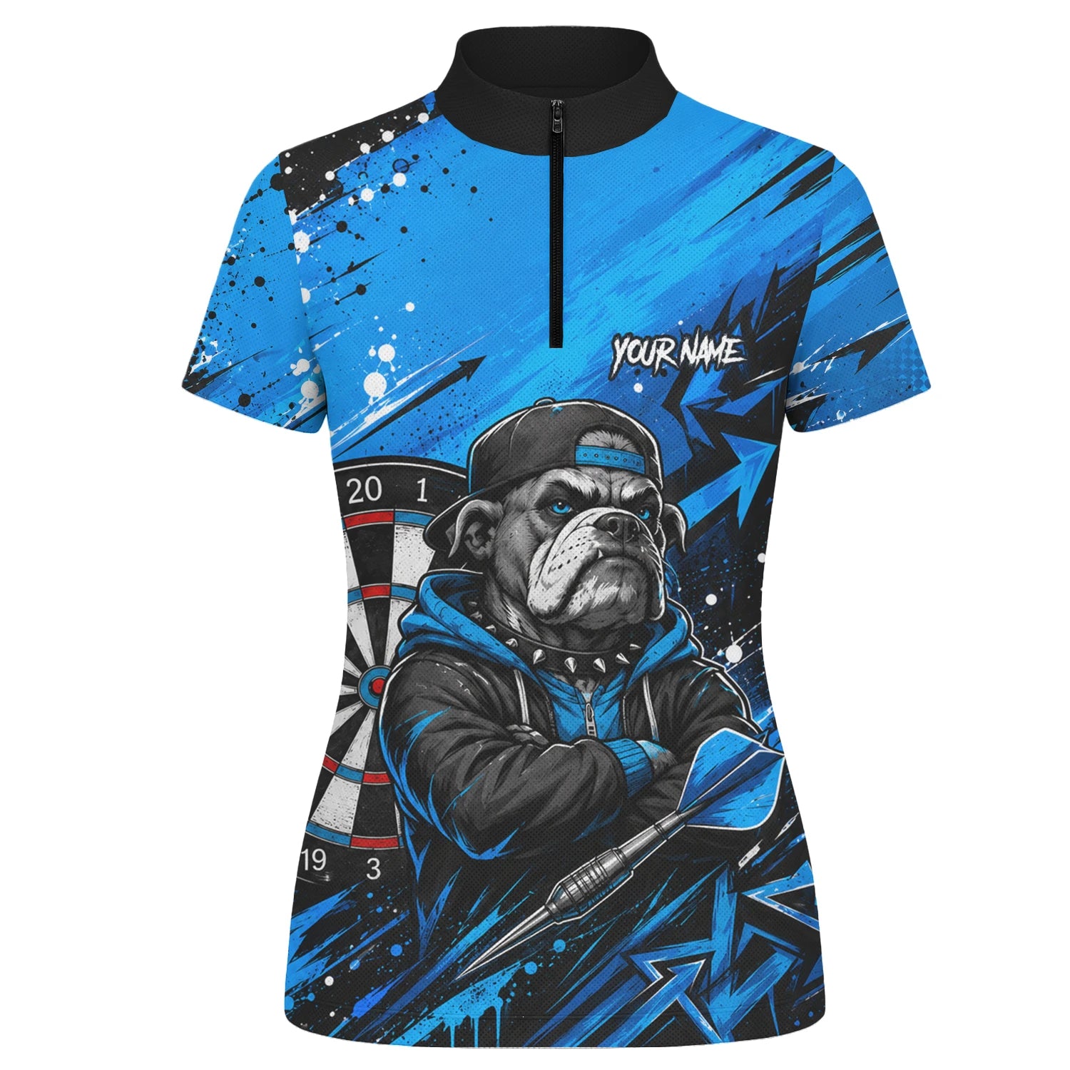 Personalisiertes Blau-schwarzes Bulldoggen-Dartshirt für Damen D529