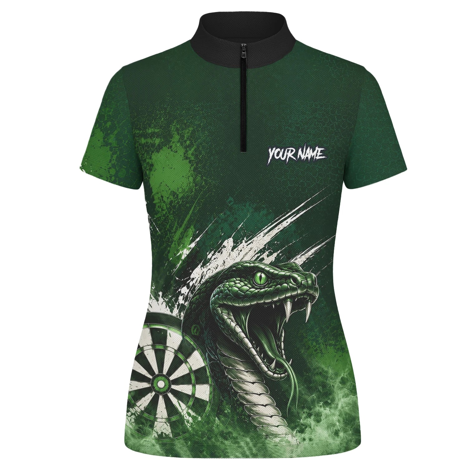 Personalisiertes Grün-schwarzes Kobra-Dartboard Dartshirt für Damen M244